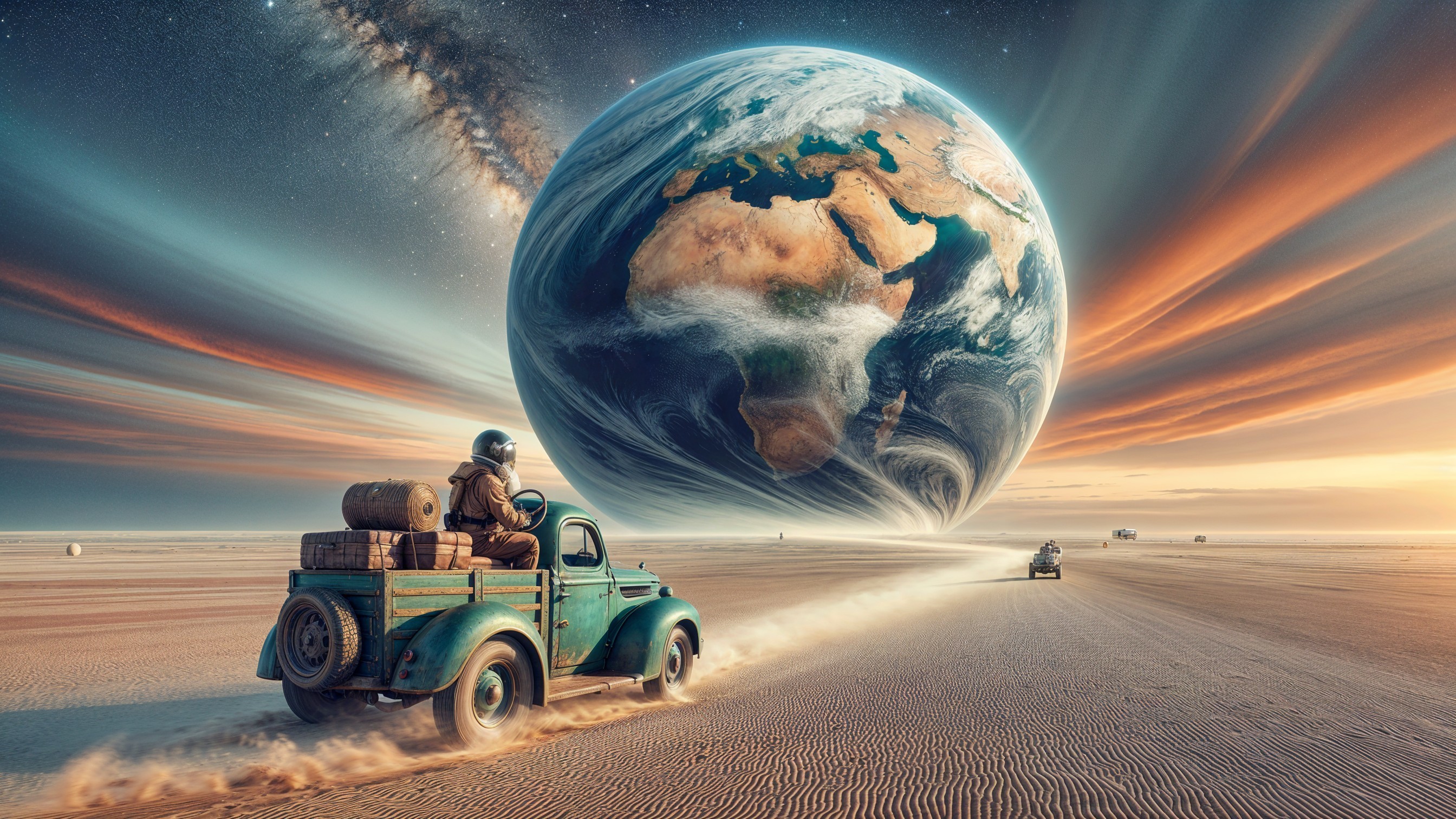 Vintage pickup truck in surreal desert with astronaut