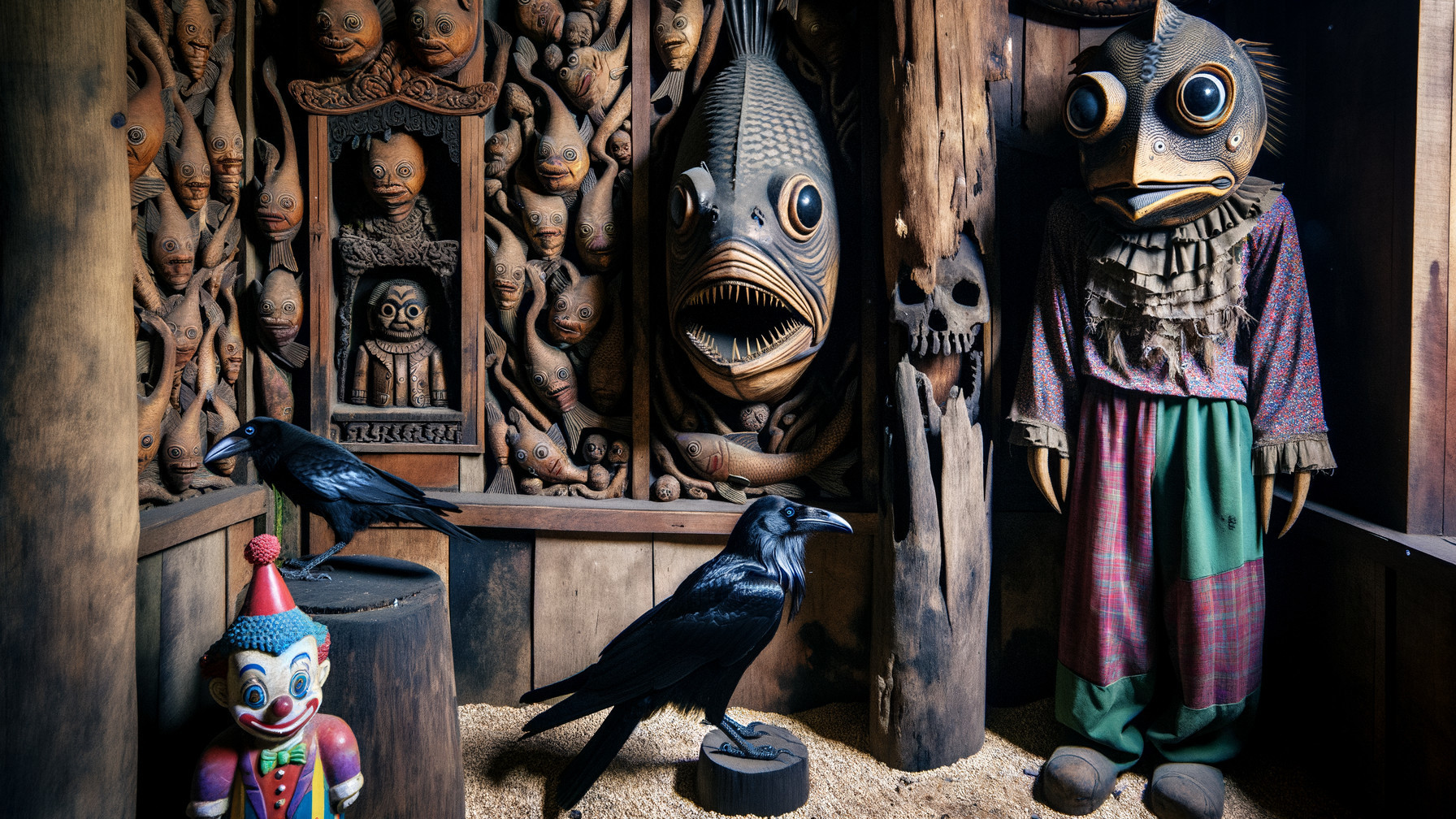 Dimly Lit Room with Intricate Carvings and Figures