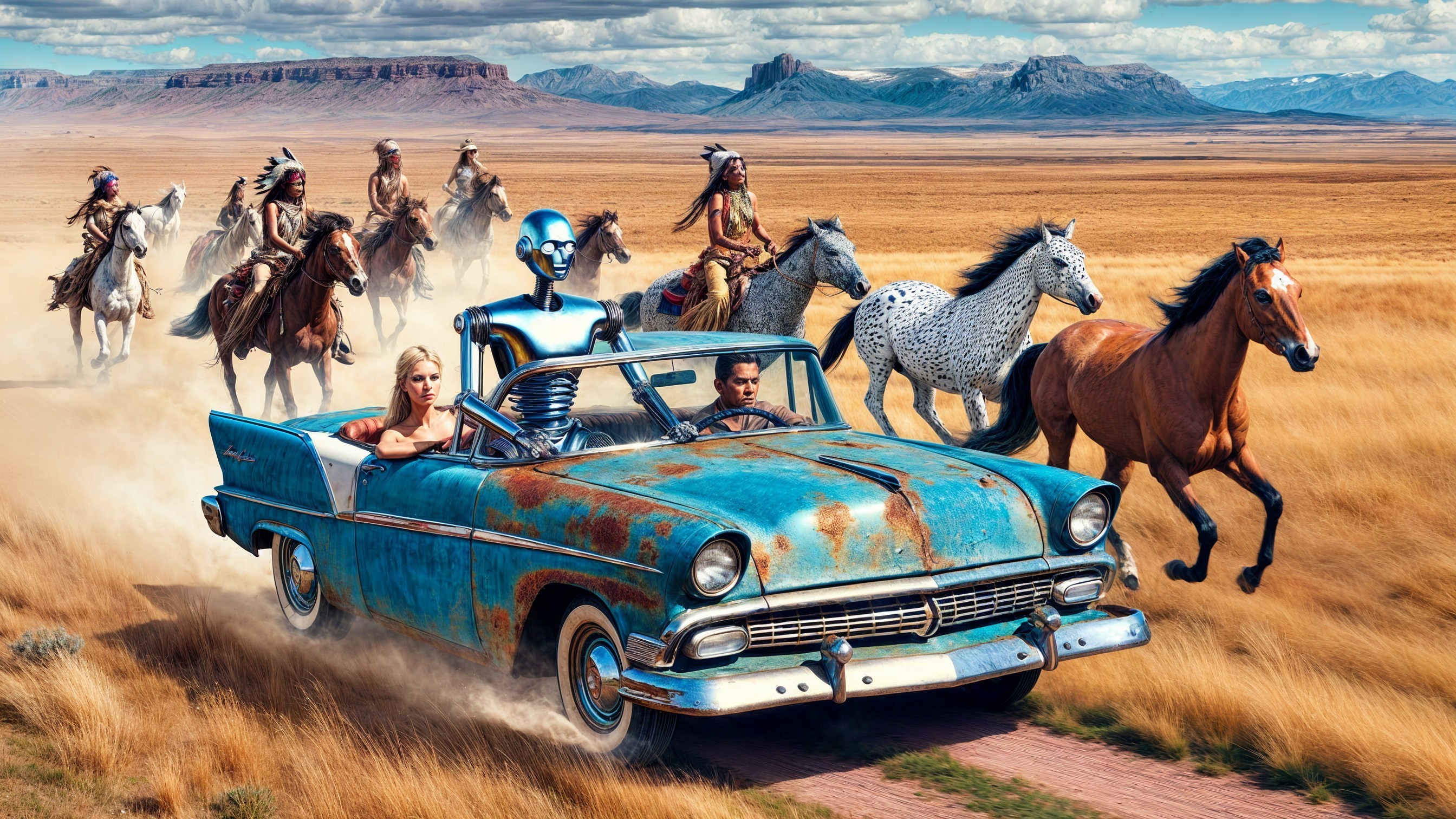 Rusted Convertible with Robot and Woman in Golden Landscape