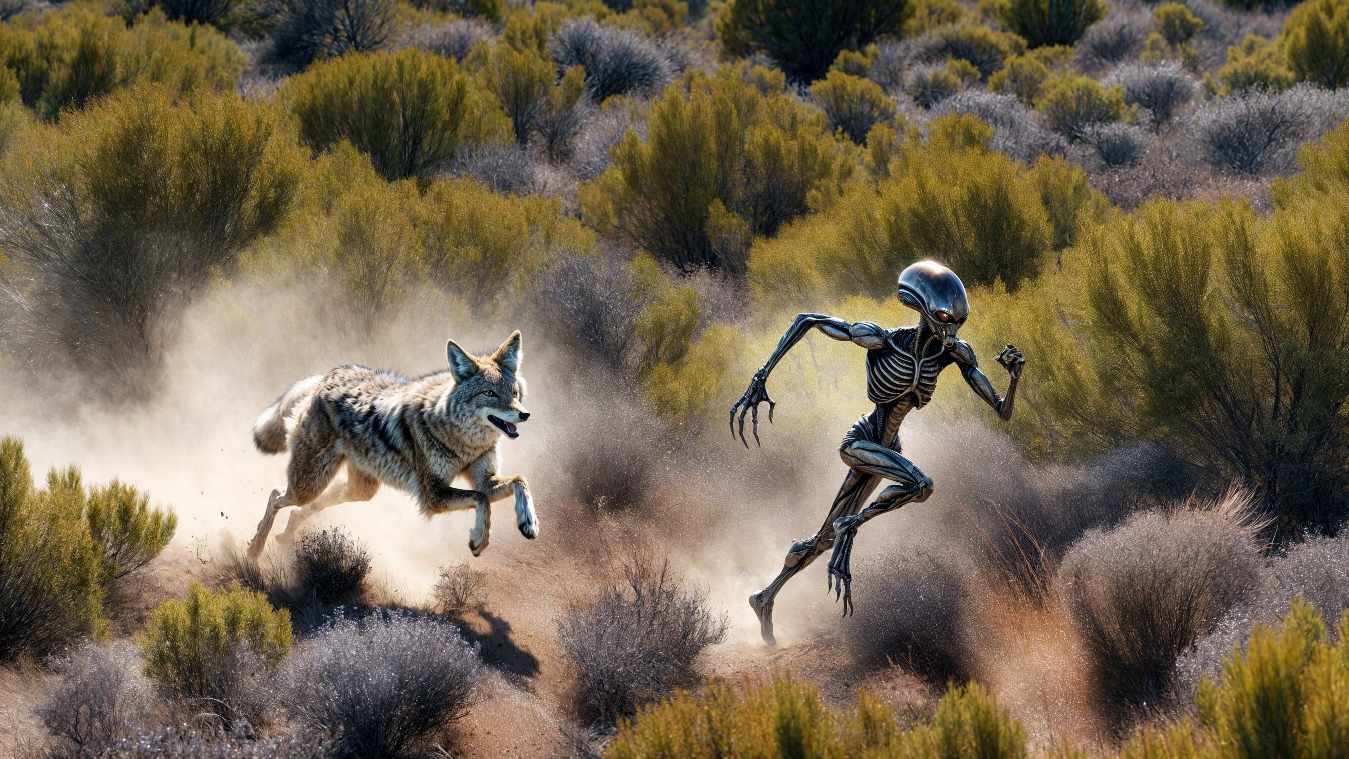 Alien Figure and Coyote in Dusty Landscape Action