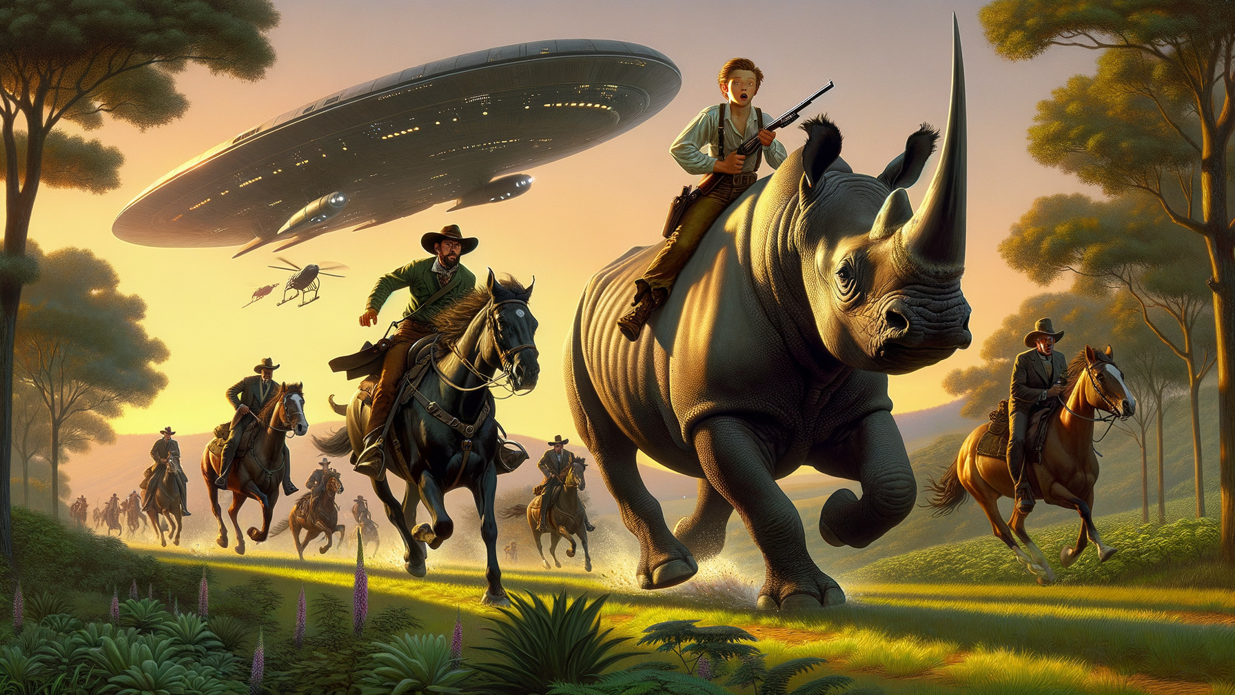 Cowboys and Rhinoceros in a Surreal Landscape