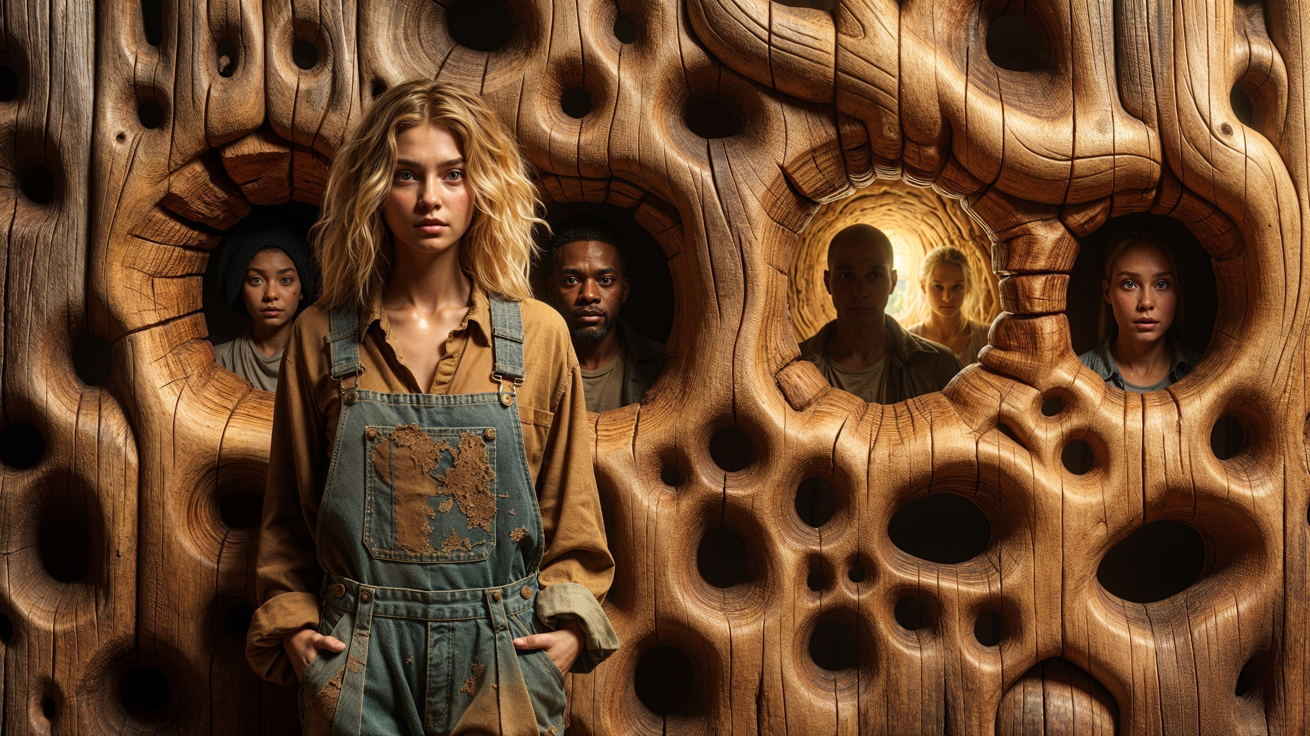 Surreal Scene of Woman with Curious Figures Behind Her