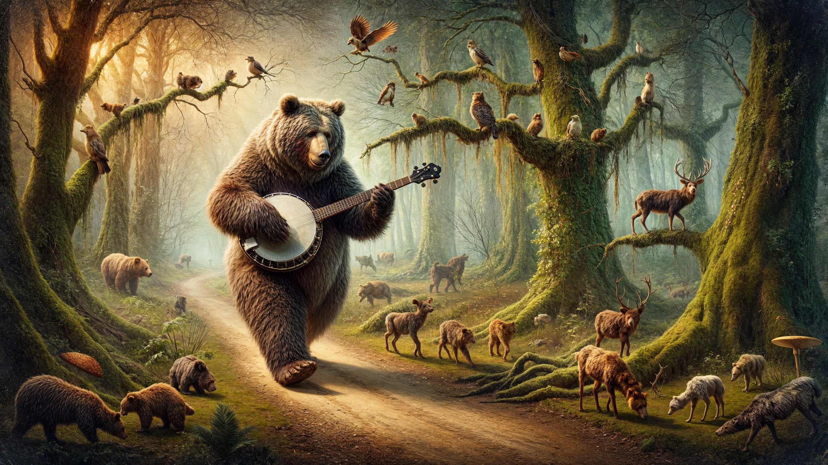 Bear Playing Banjo in Enchanted Forest Scene