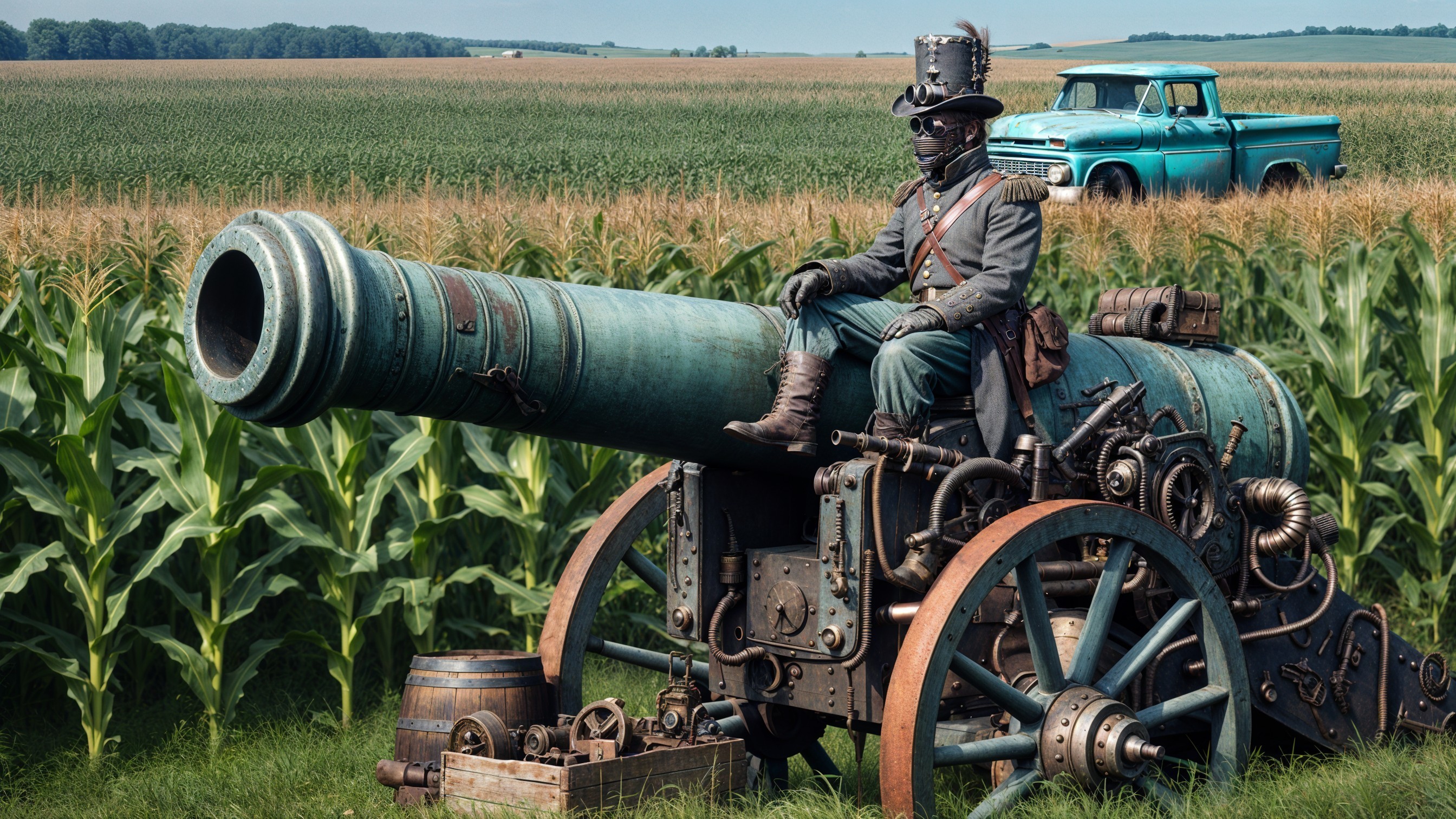 Steampunk Figure on Cannon in Cornfield Setting
