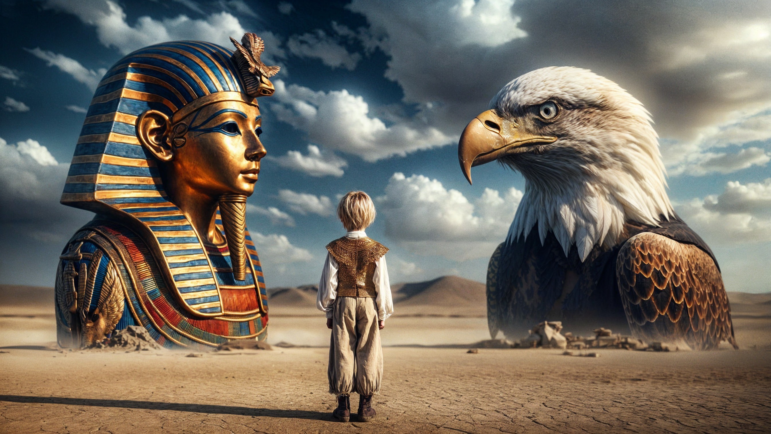 Surreal Desert Scene with Pharaoh Statue and Eagle