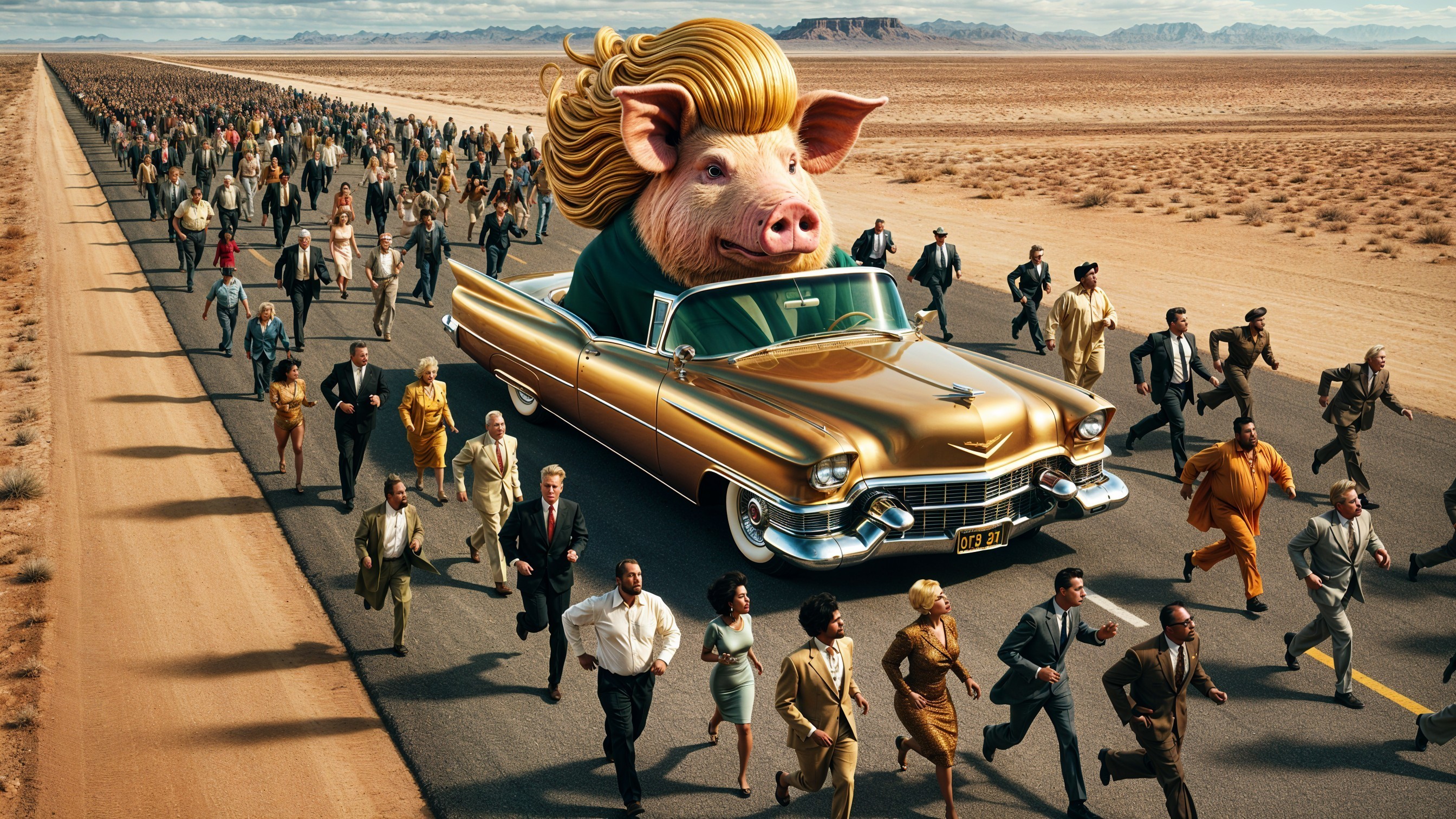 Surreal Desert Scene with Pig in Golden Cadillac