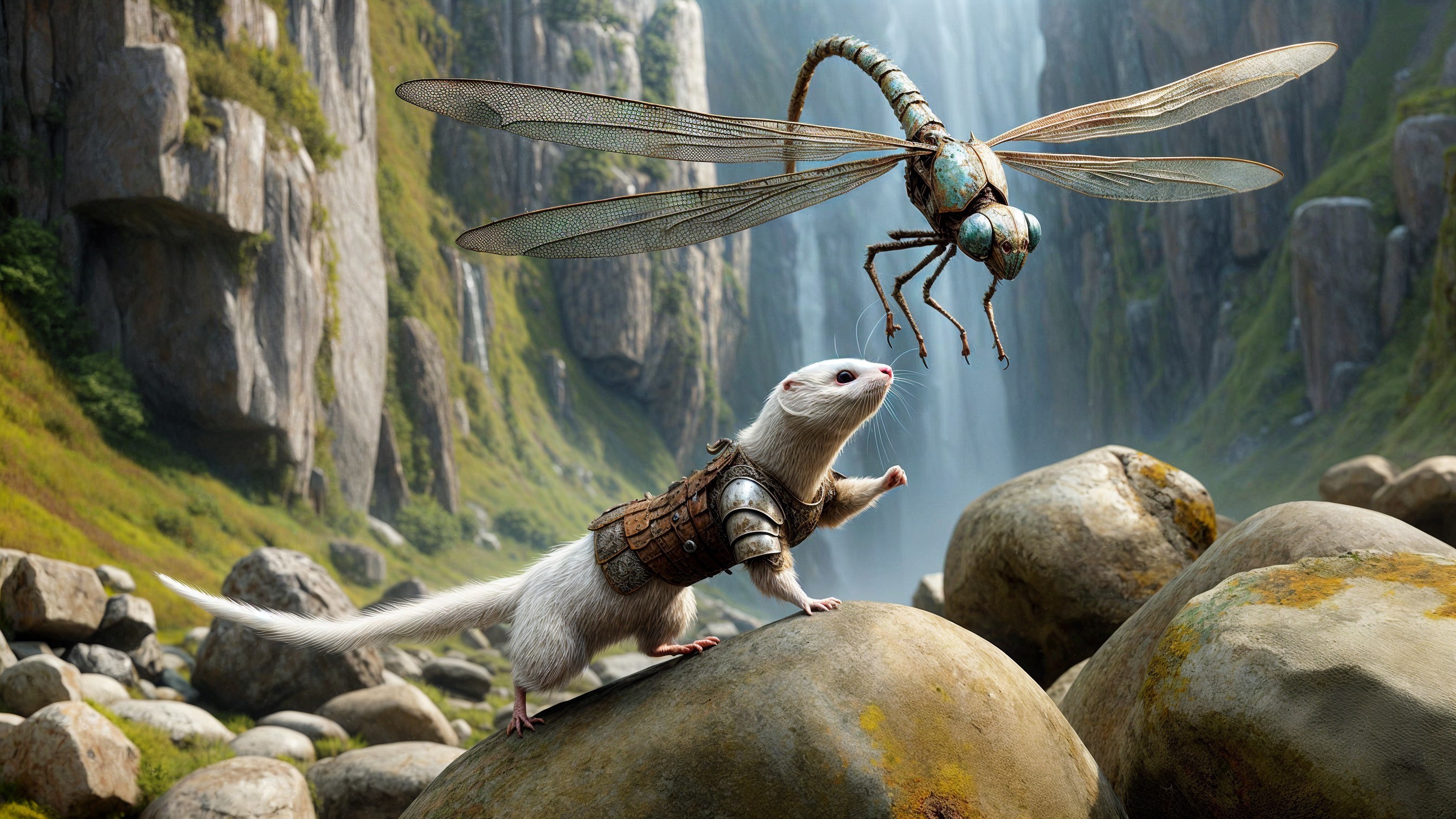 Armored White Ferret in Mystical Landscape with Dragonfly