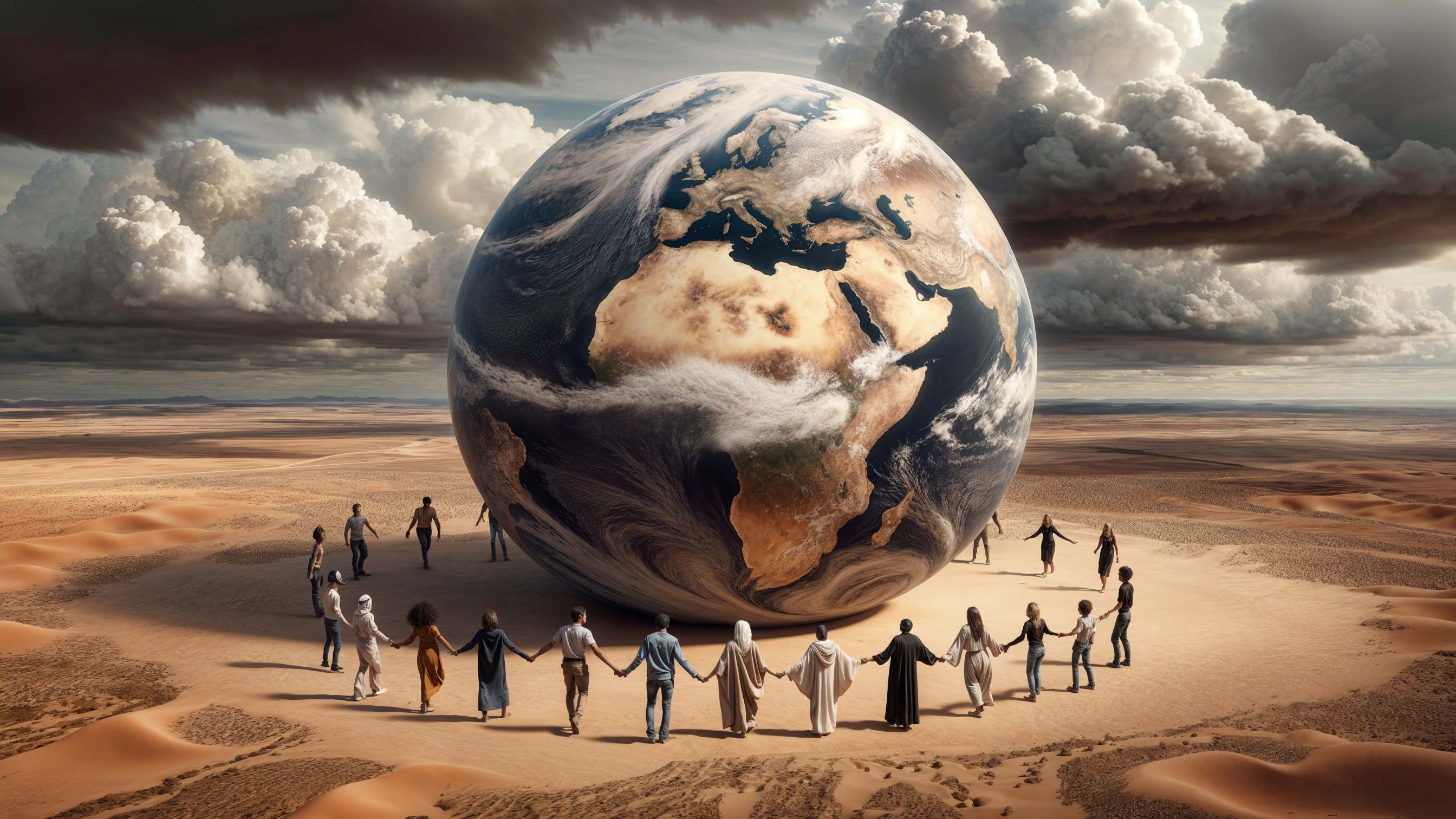 Diverse Group Holding Hands Around Globe in Desert