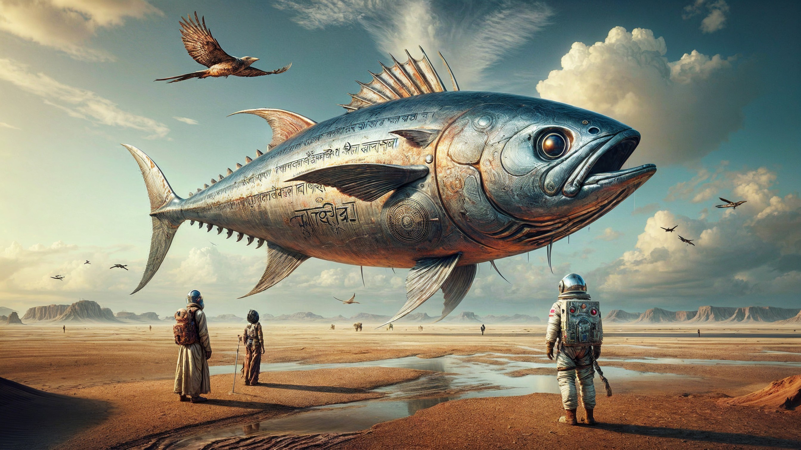Colossal Metallic Fish Above Desert with Figures and Birds