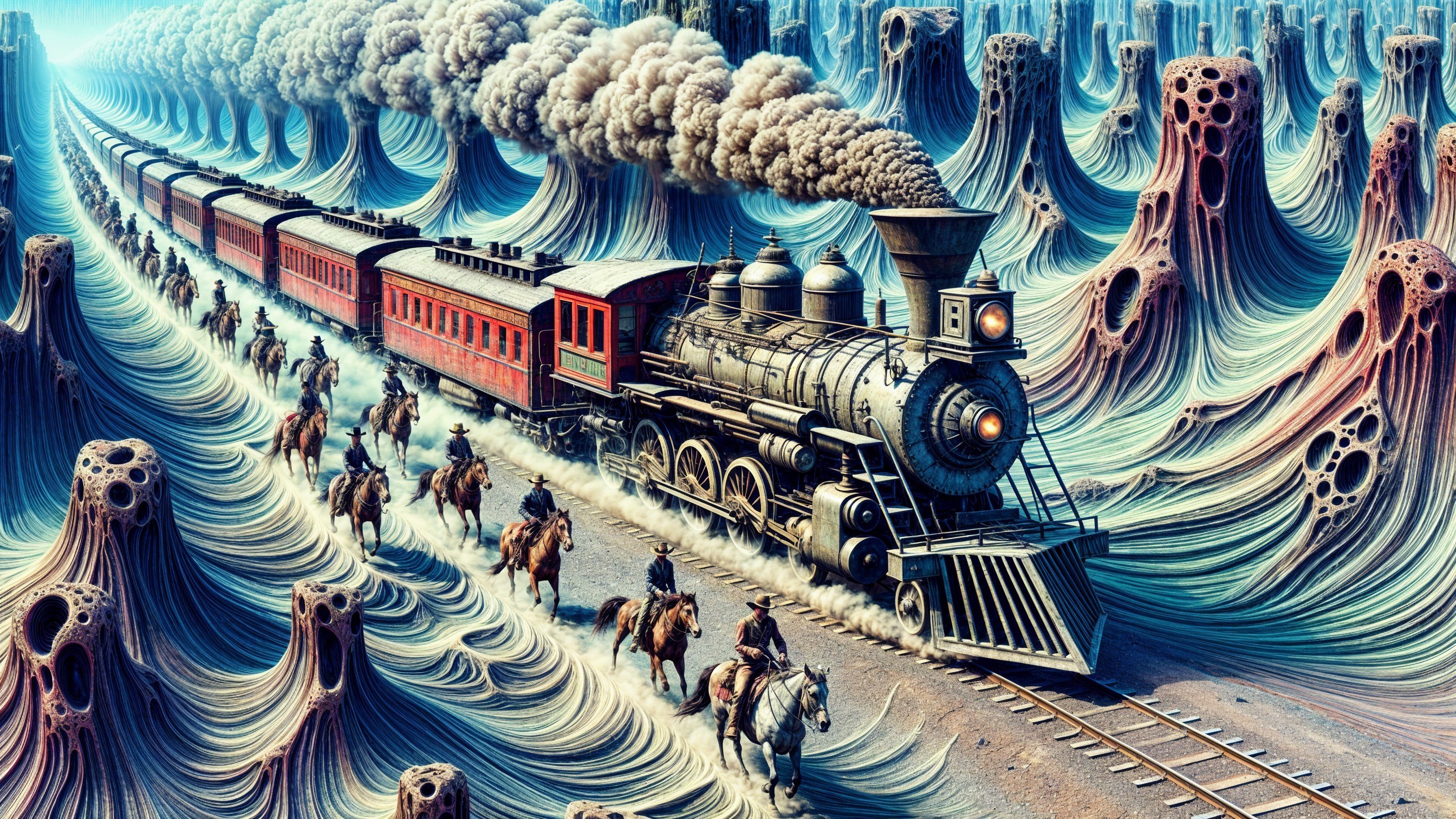 Vintage Steam Locomotive in Surreal Landscape Scene