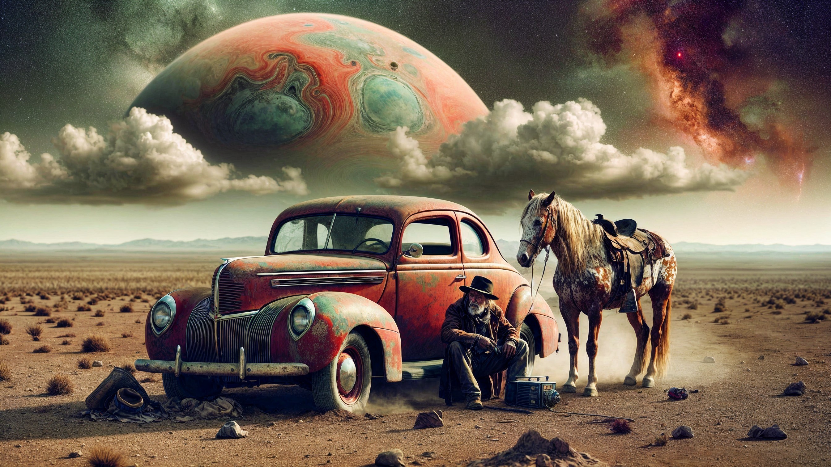 Surreal Landscape with Abandoned Car and Horse