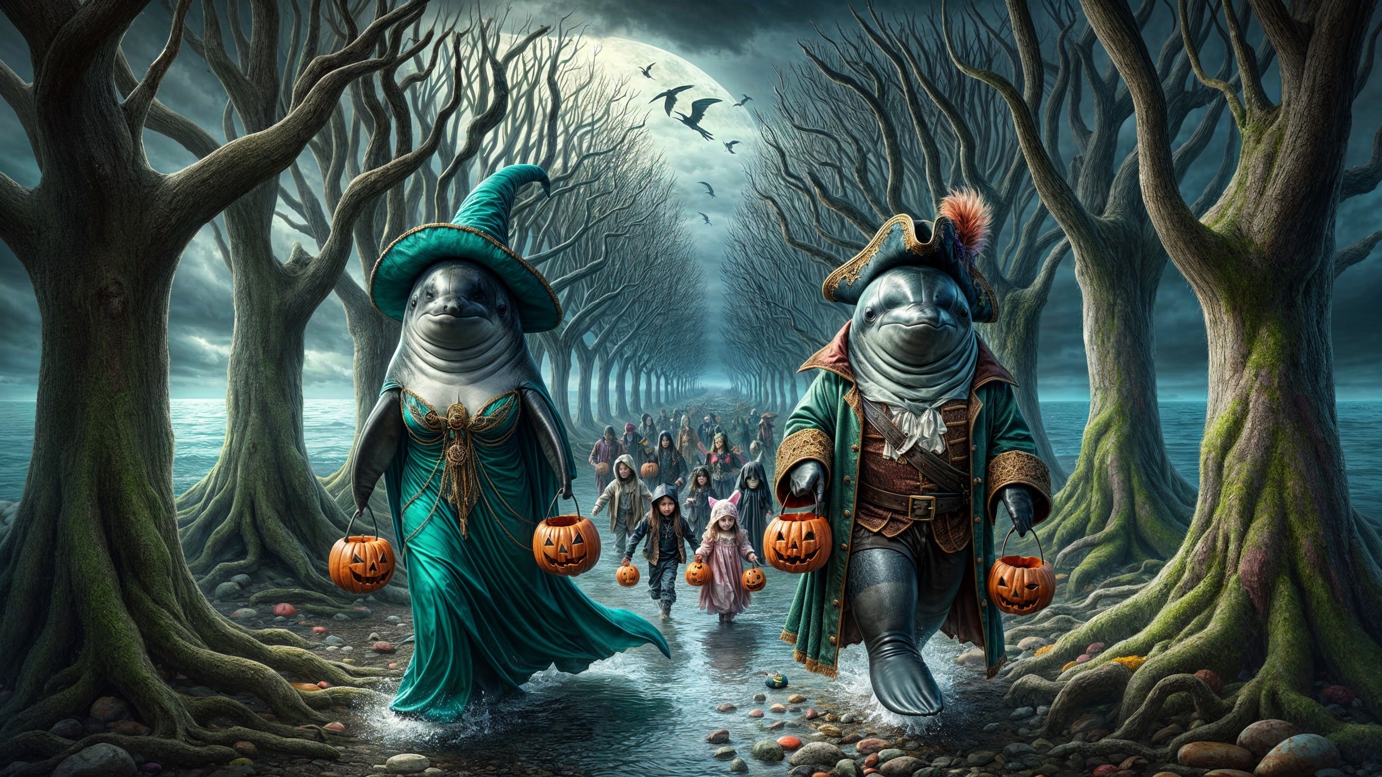 Whimsical Halloween Parade with Seals and Children