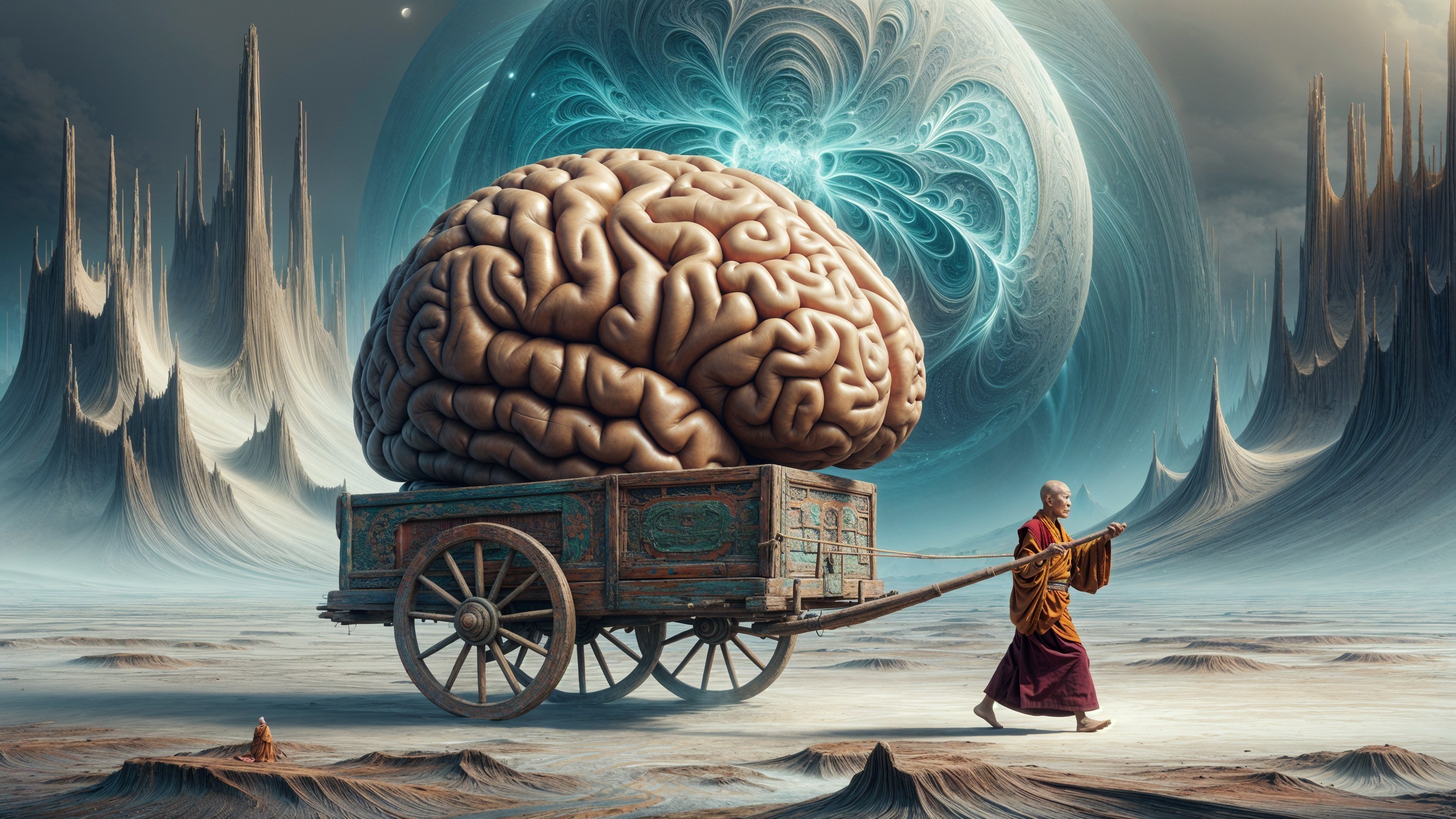 Monk with Cart and Oversized Brain in Surreal Landscape