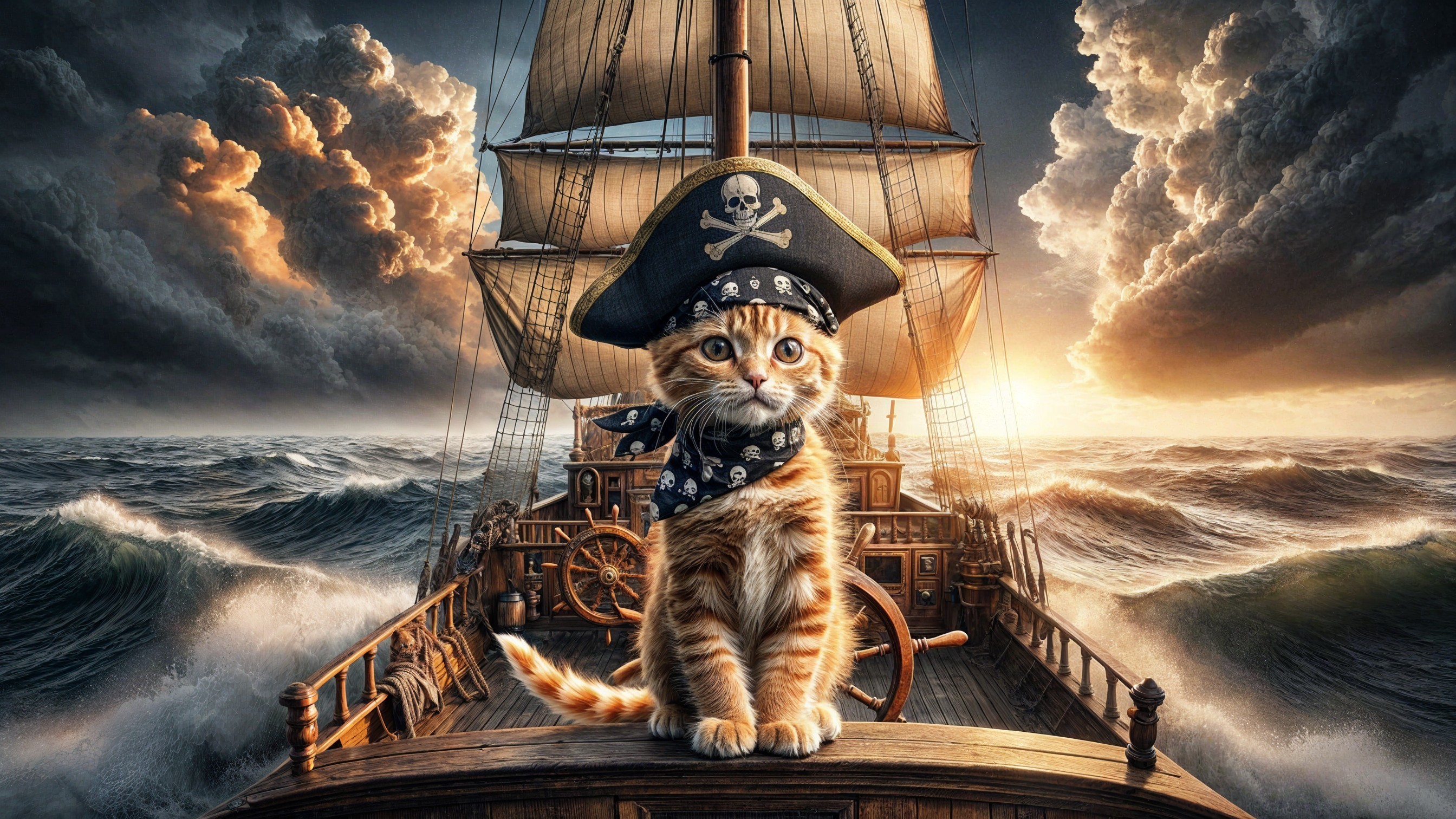Orange Tabby Cat as Pirate on Majestic Ship