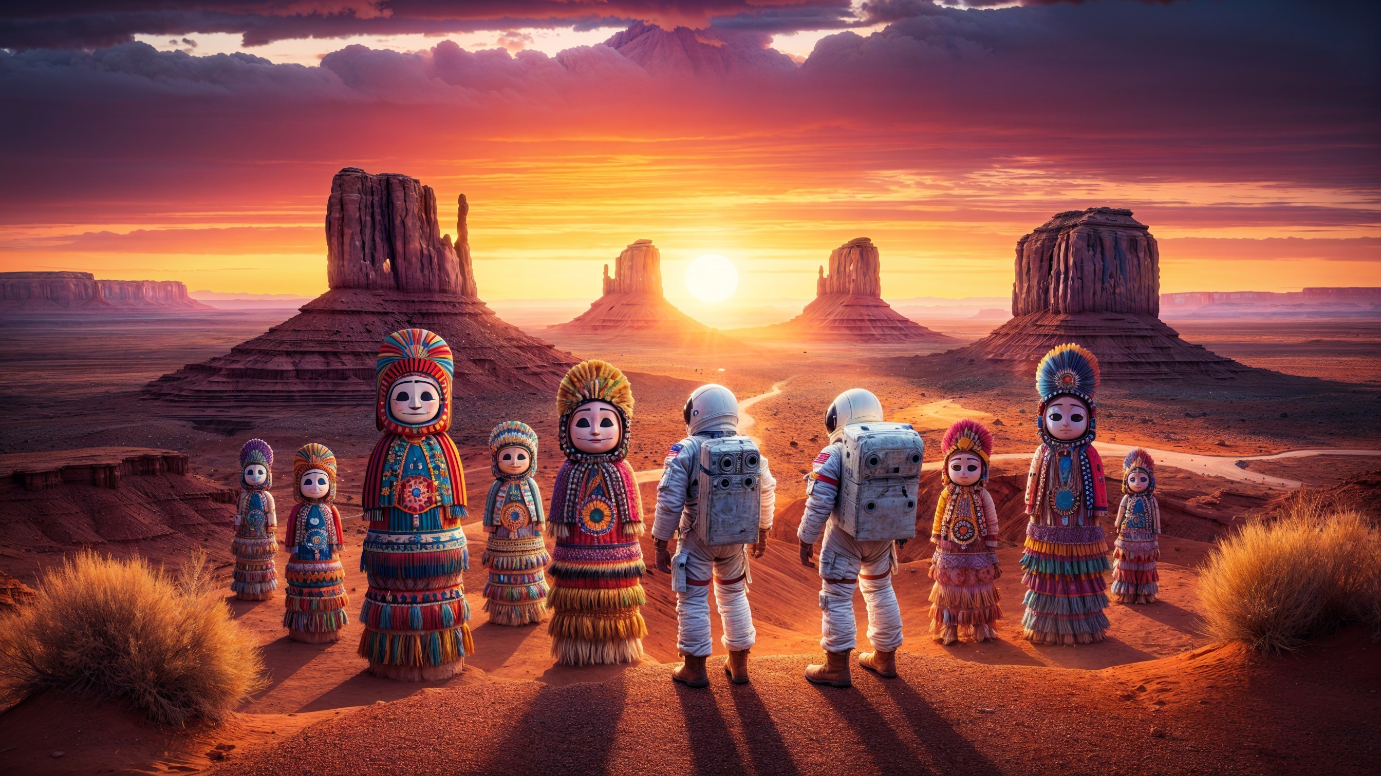 Surreal Desert Scene with Astronauts and Dolls