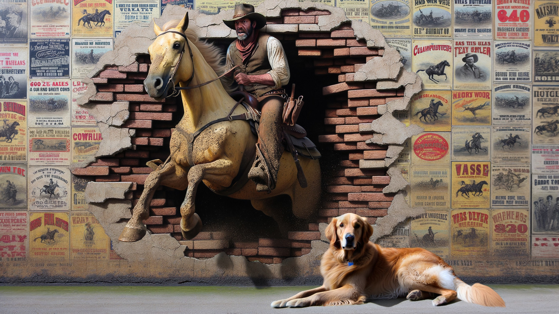 Cowboy on Horse Breaks Through Wall with Dog Below
