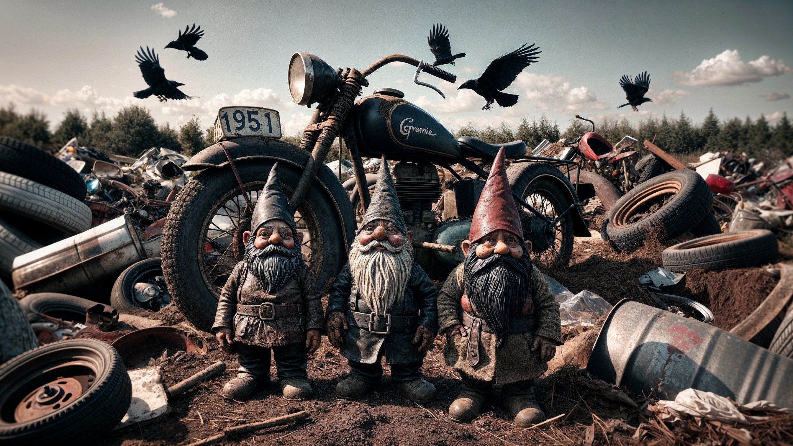 Whimsical Garden Gnomes in a Cluttered Junkyard Scene