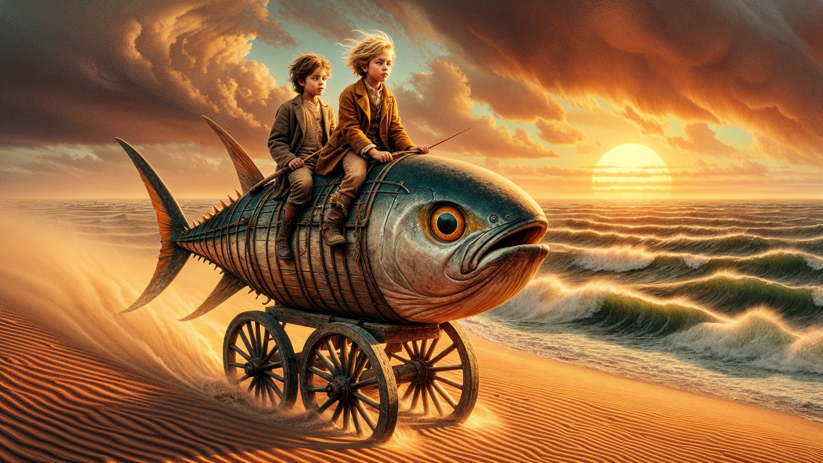 Children on a whimsical fish in a desert sunset scene