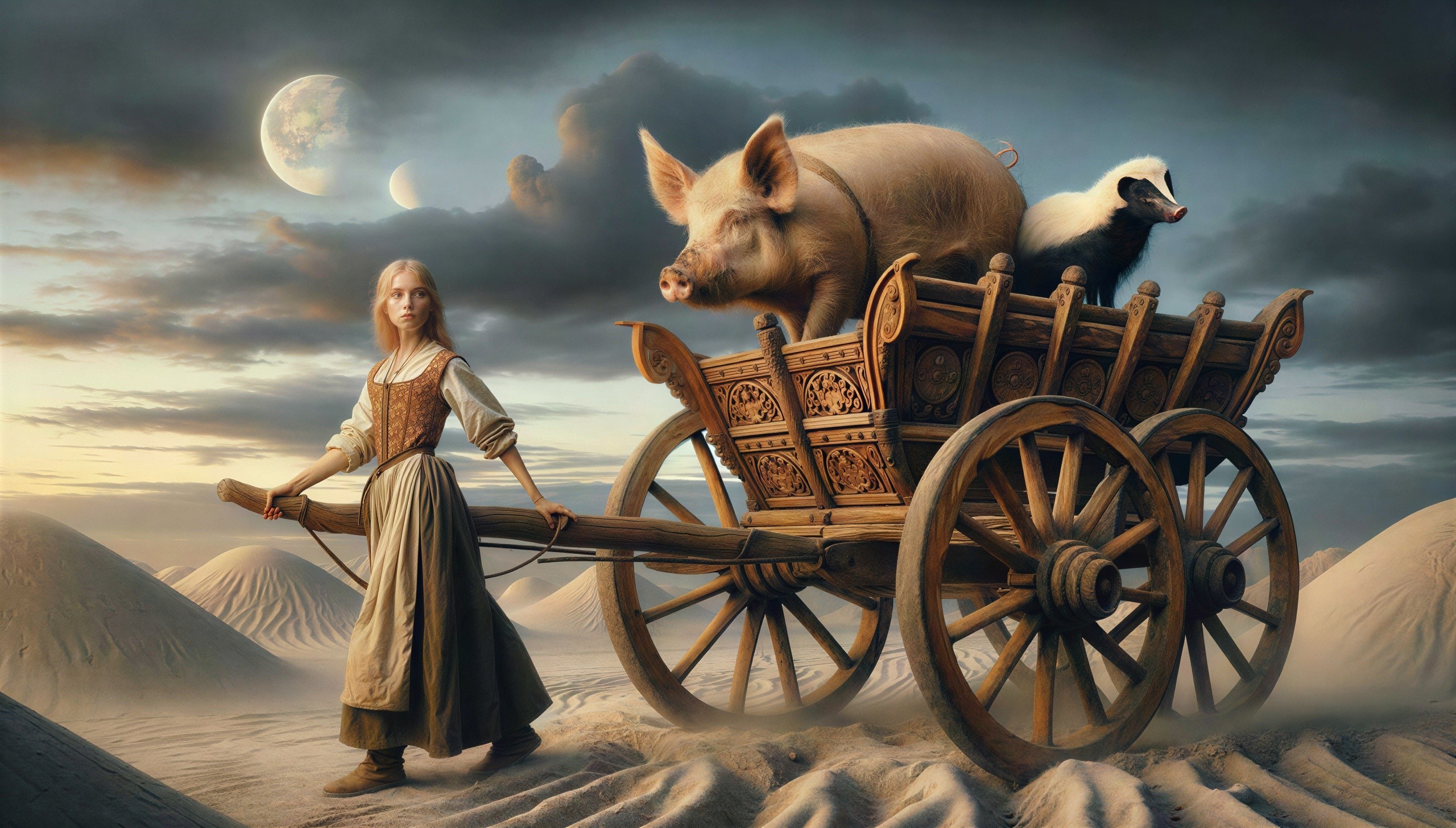 Blonde Woman Pulling Cart with Animals in Desert Landscape