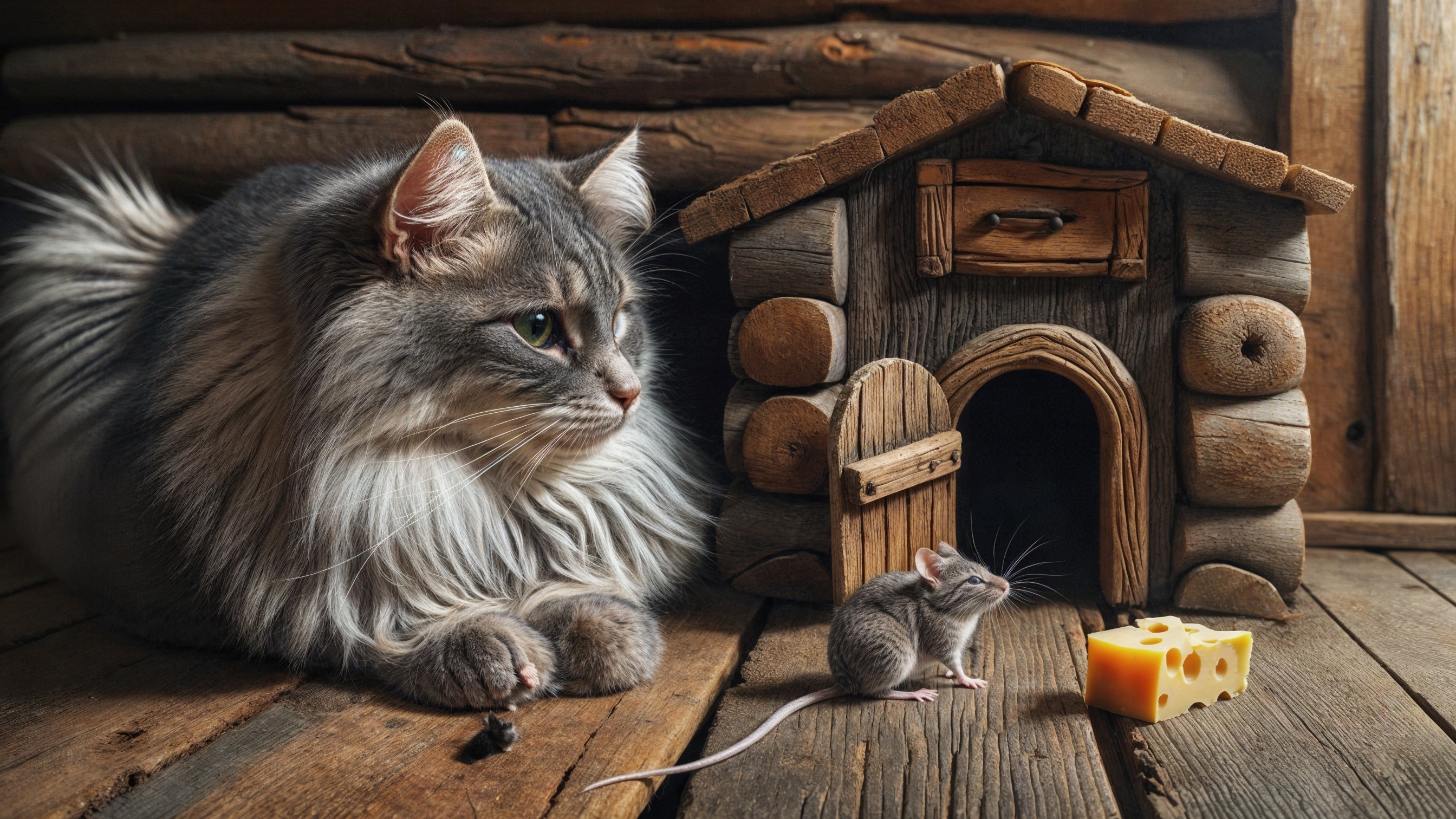 Fluffy Gray Cat and Mouse on Rustic Wooden Floor