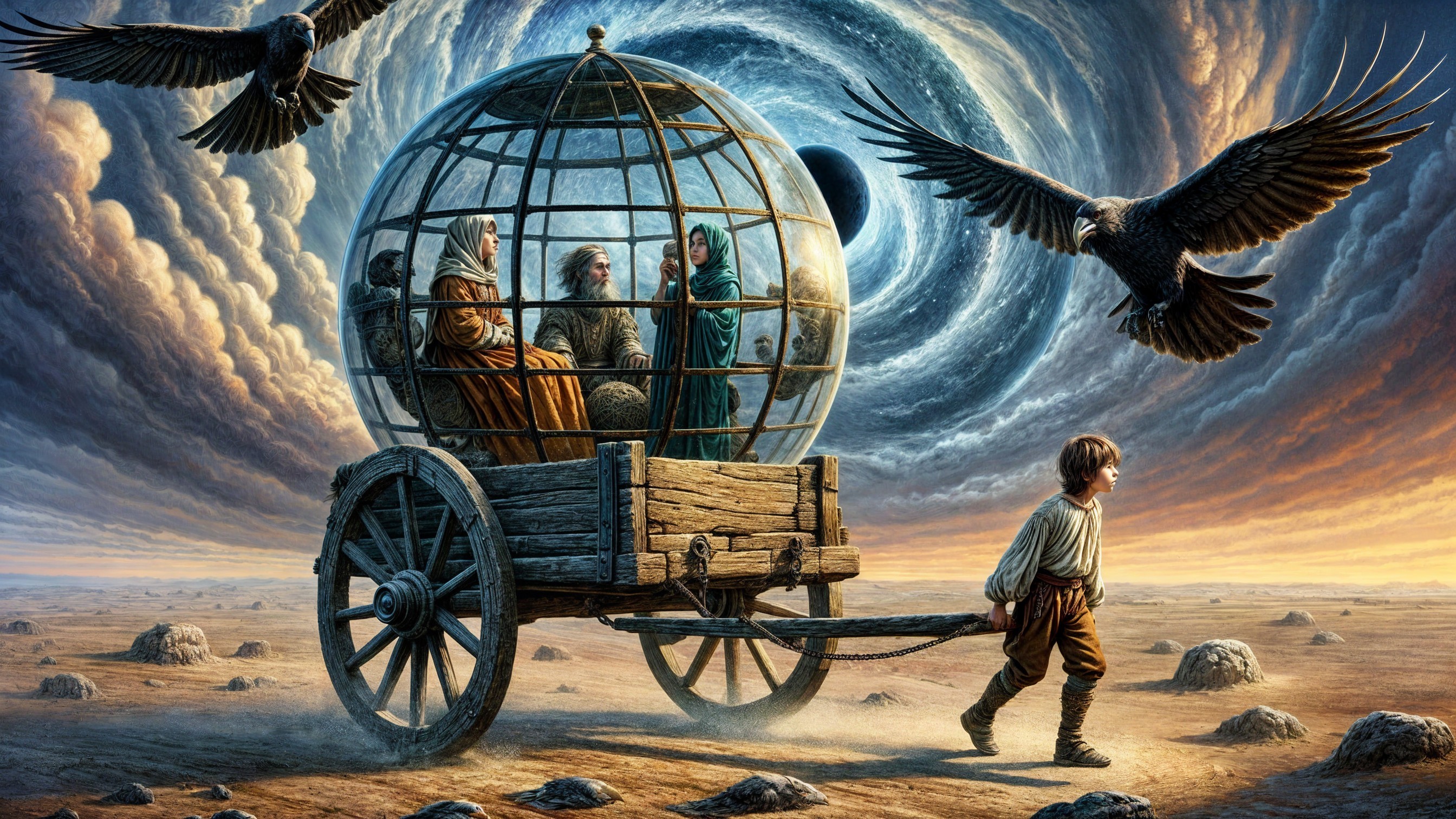 Surreal Landscape with Boy, Cart, and Vortex