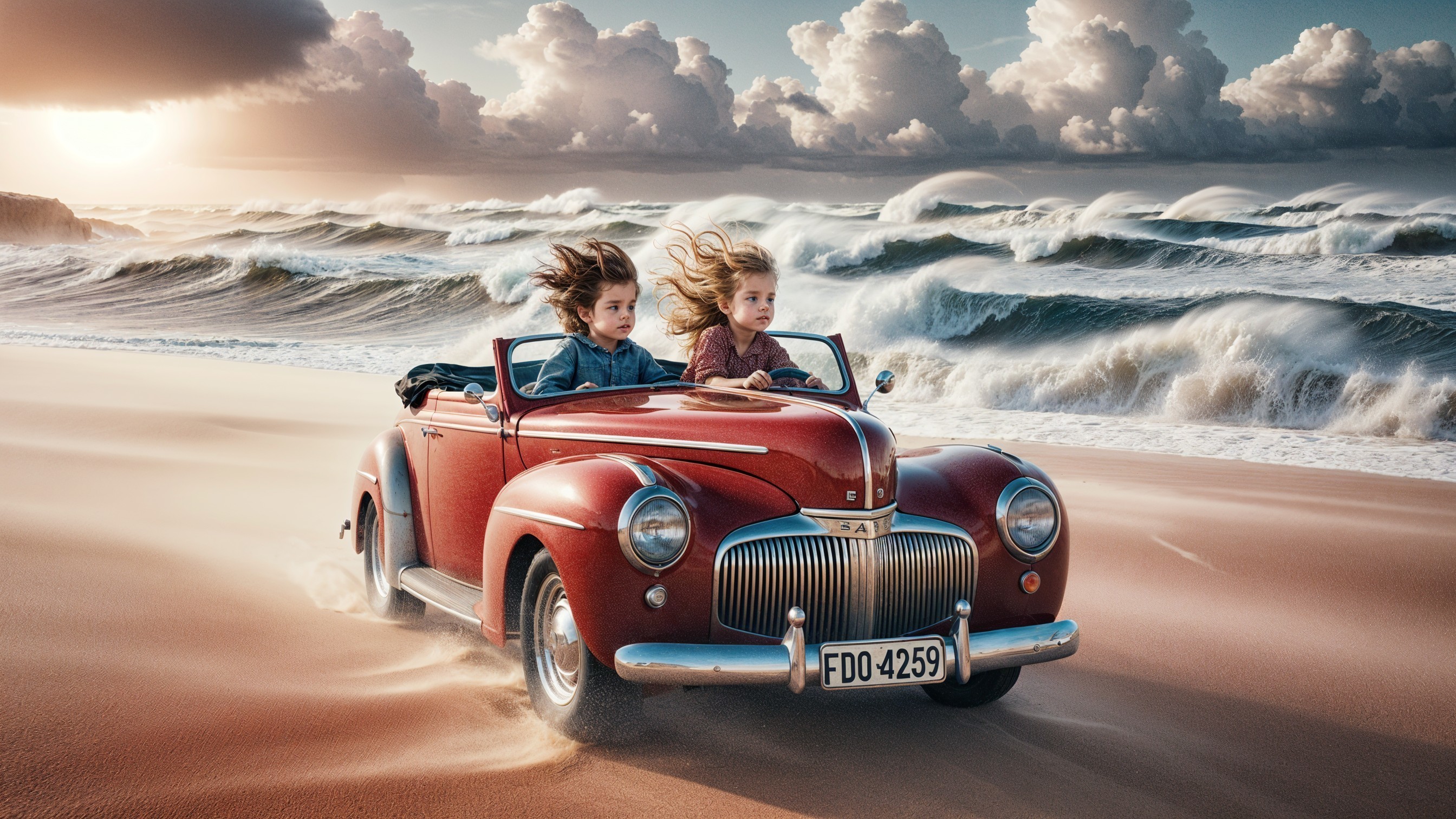 Children in a vintage red convertible by the beach