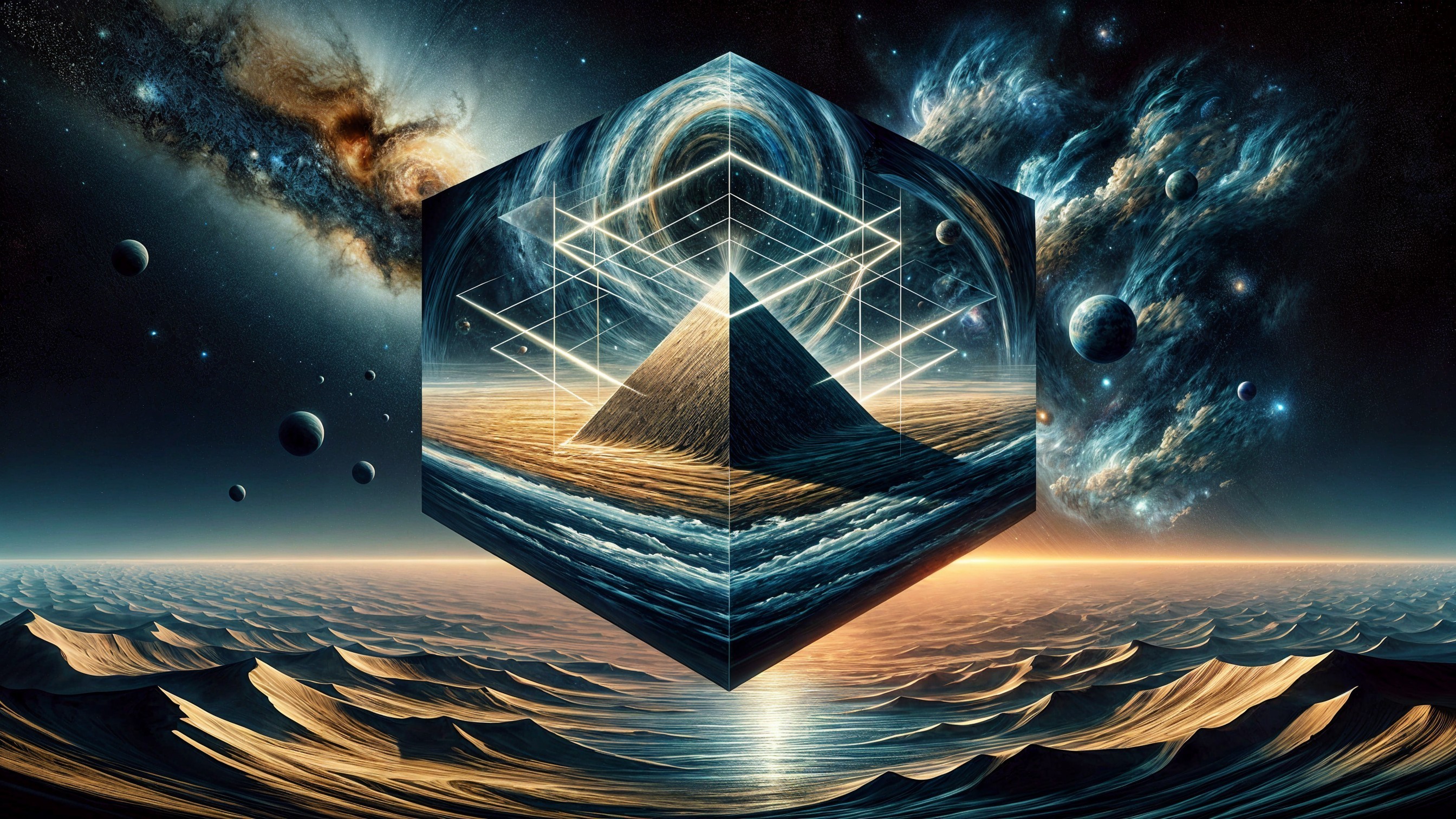 Surreal Landscape with Geometric Pyramid and Cosmos