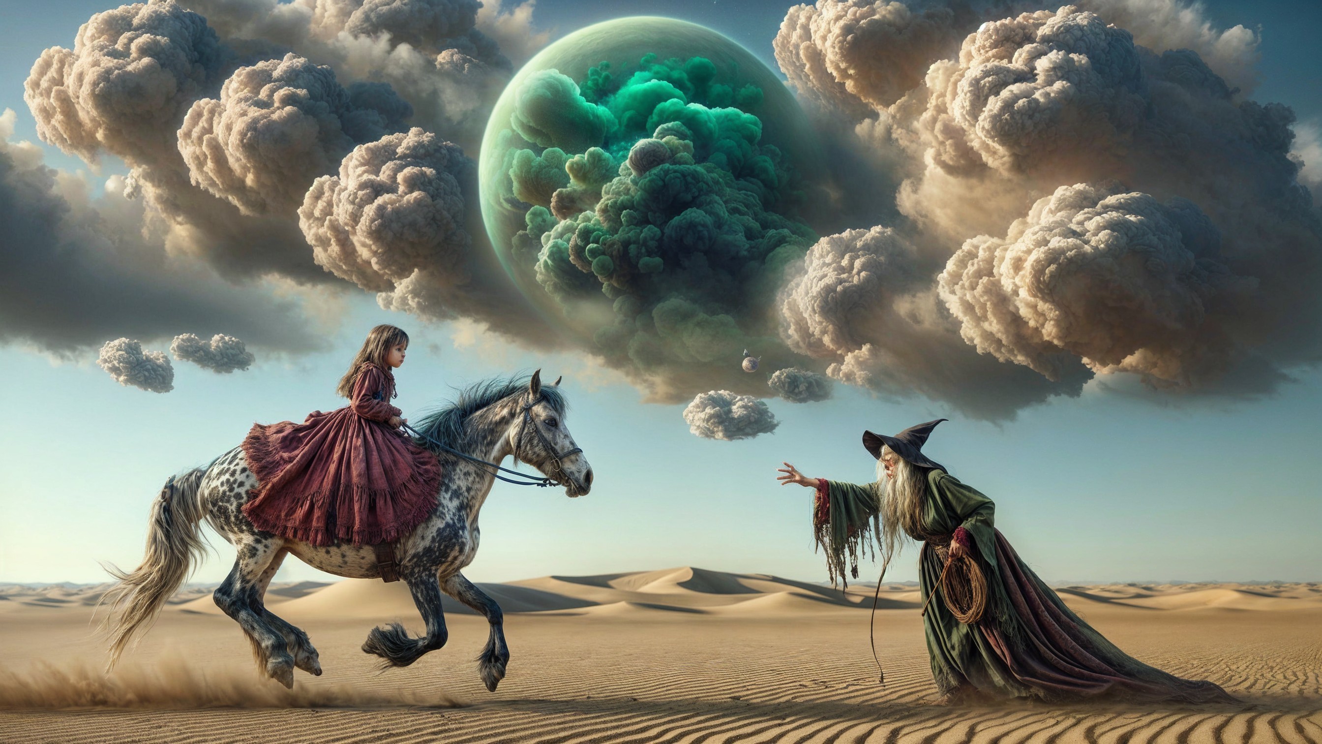 Surreal Desert Scene with Girl, Horse, and Mysterious Figure