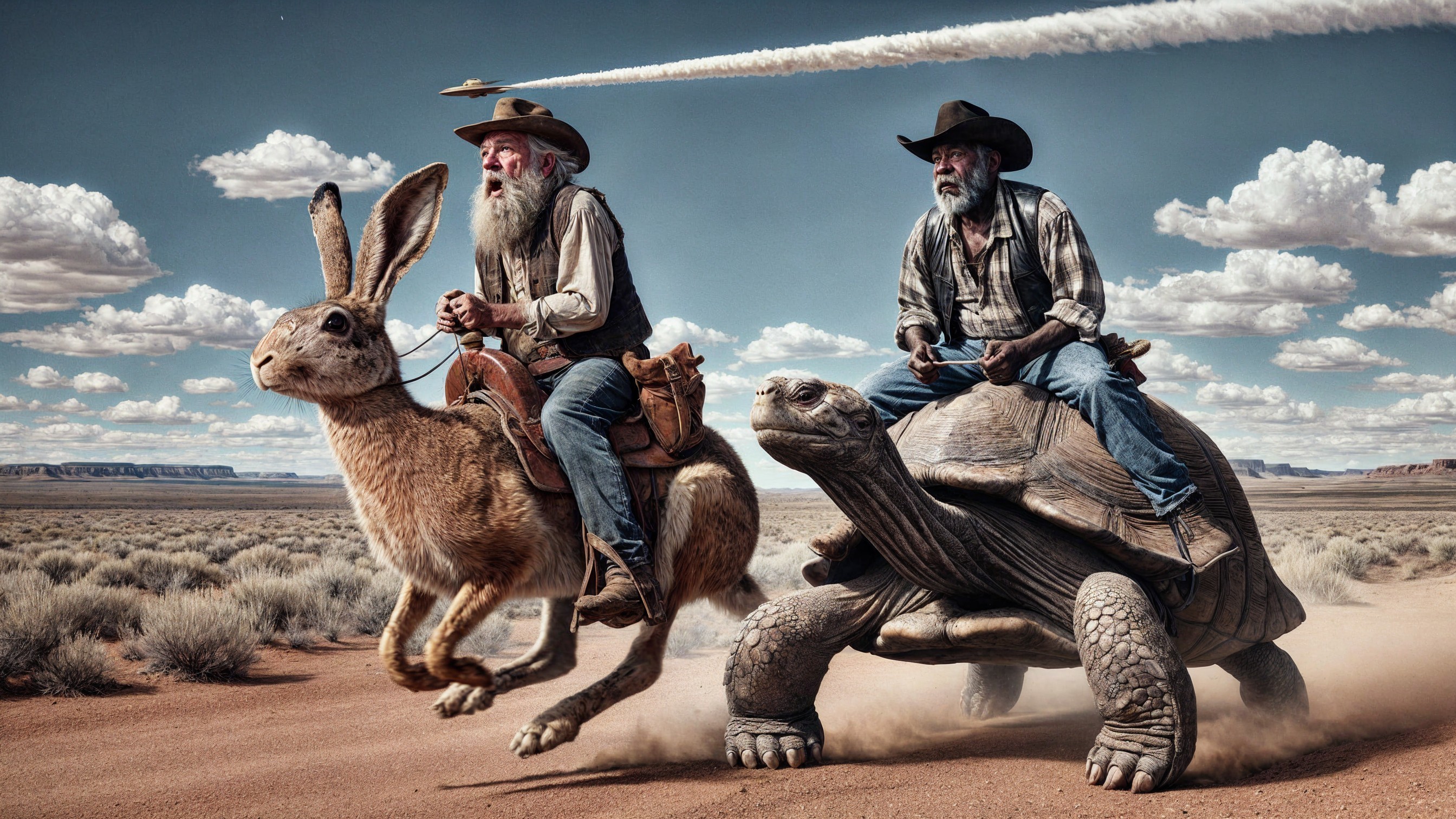 Cowboys Riding Unusual Animals in Dusty Landscape