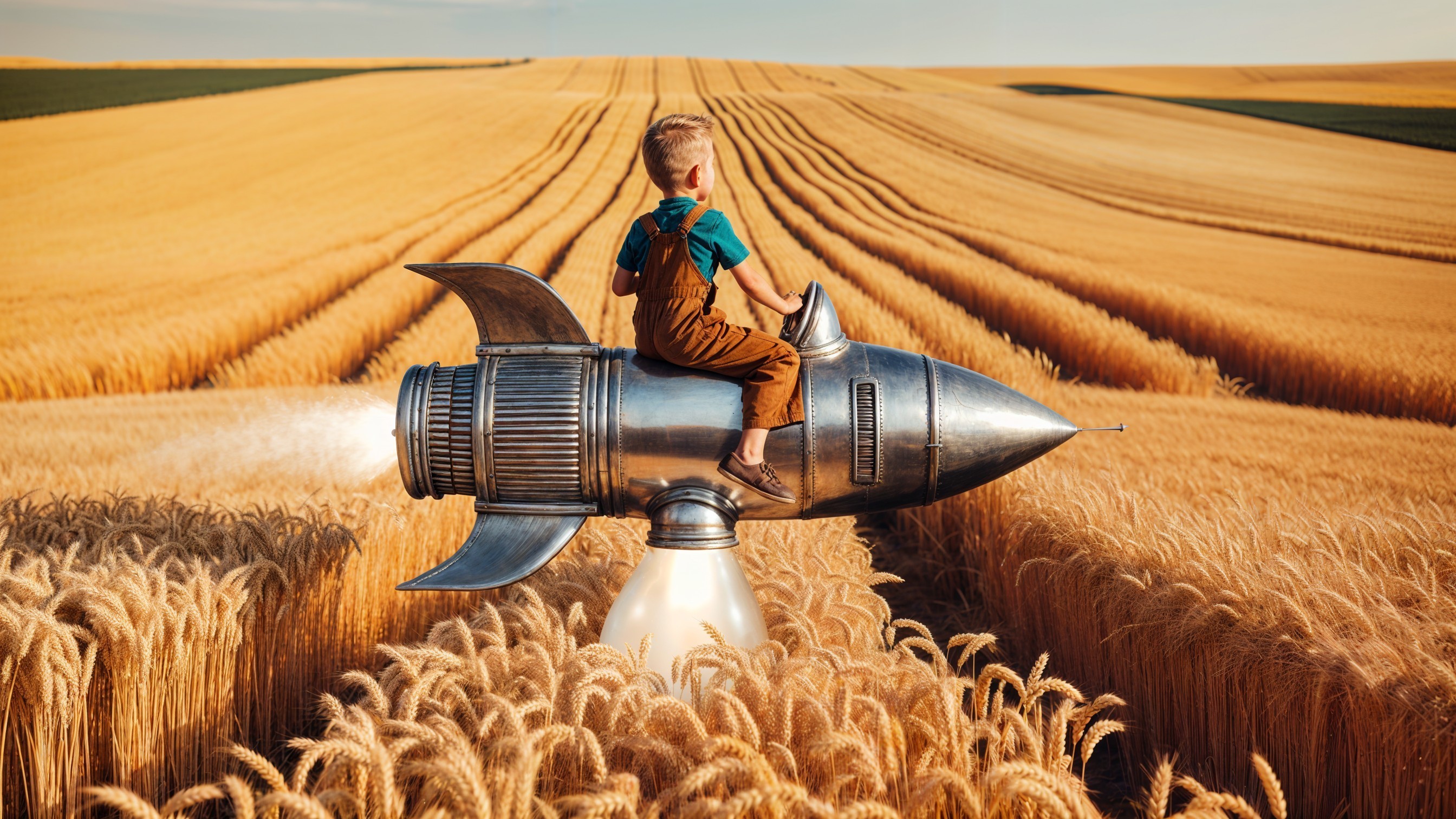 Boy on Rocket in Wheat Field at Sunset