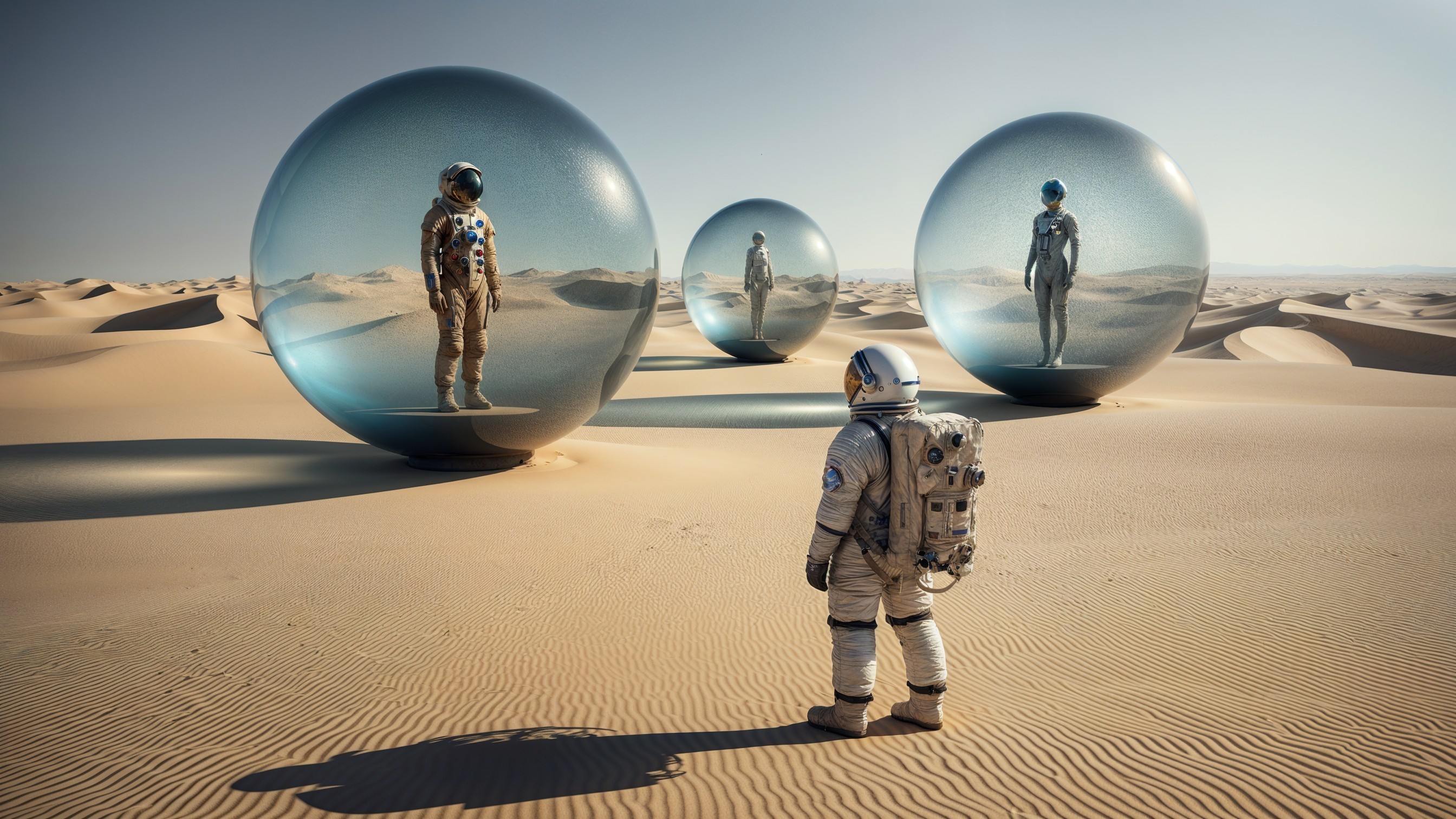 Astronauts in Transparent Spheres in Desert Landscape
