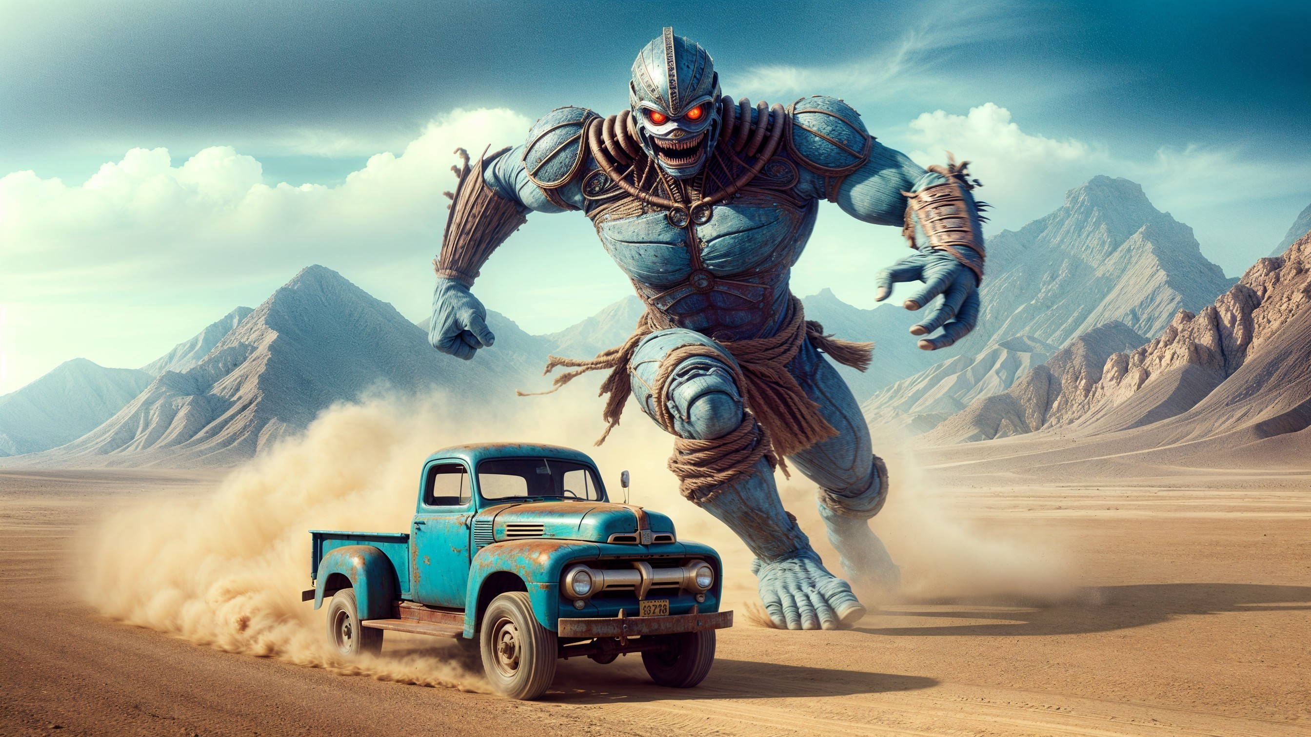 Colossal Blue Giant in Desert Landscape with Pickup Truck
