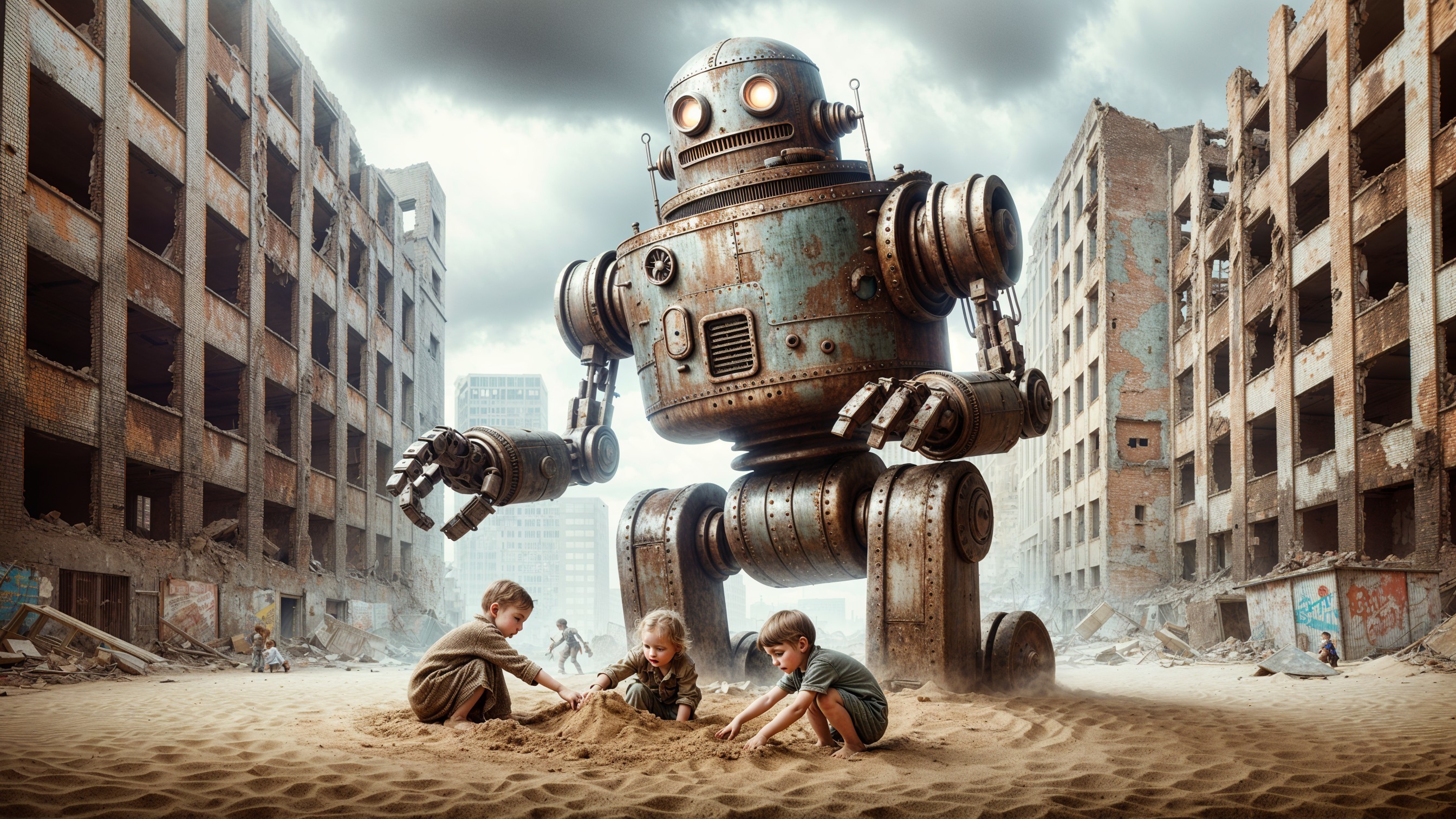 Children Playing in Sand with Vintage Robot Nearby