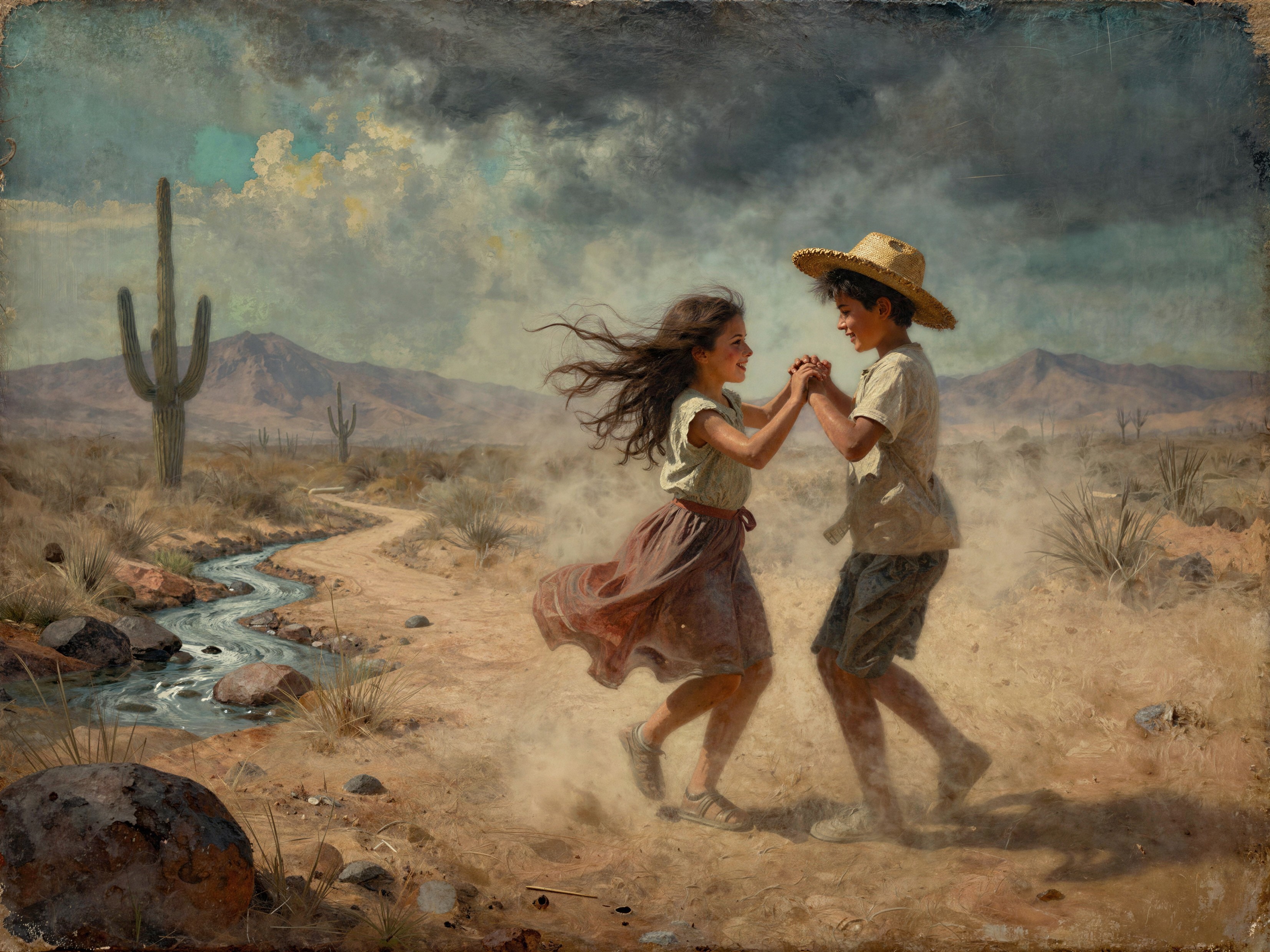 Oil Painting of Native American Children Dancing in Desert