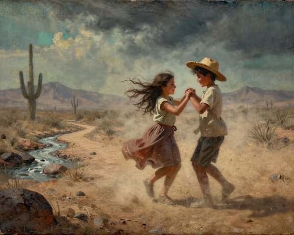 Oil Painting of Native American Children Dancing in Desert