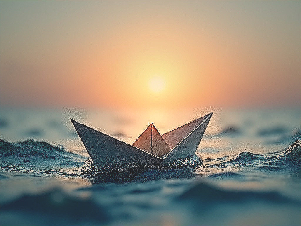 Delicate Paper Boat on Serene Water at Sunset