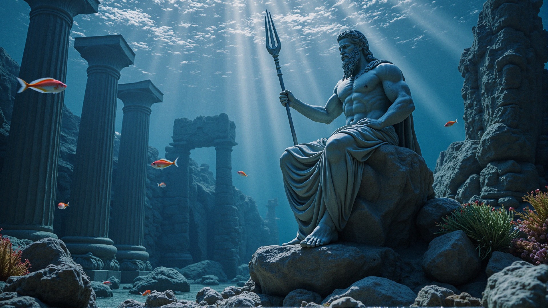 Underwater Scene with Colossal Statue and Marine Life