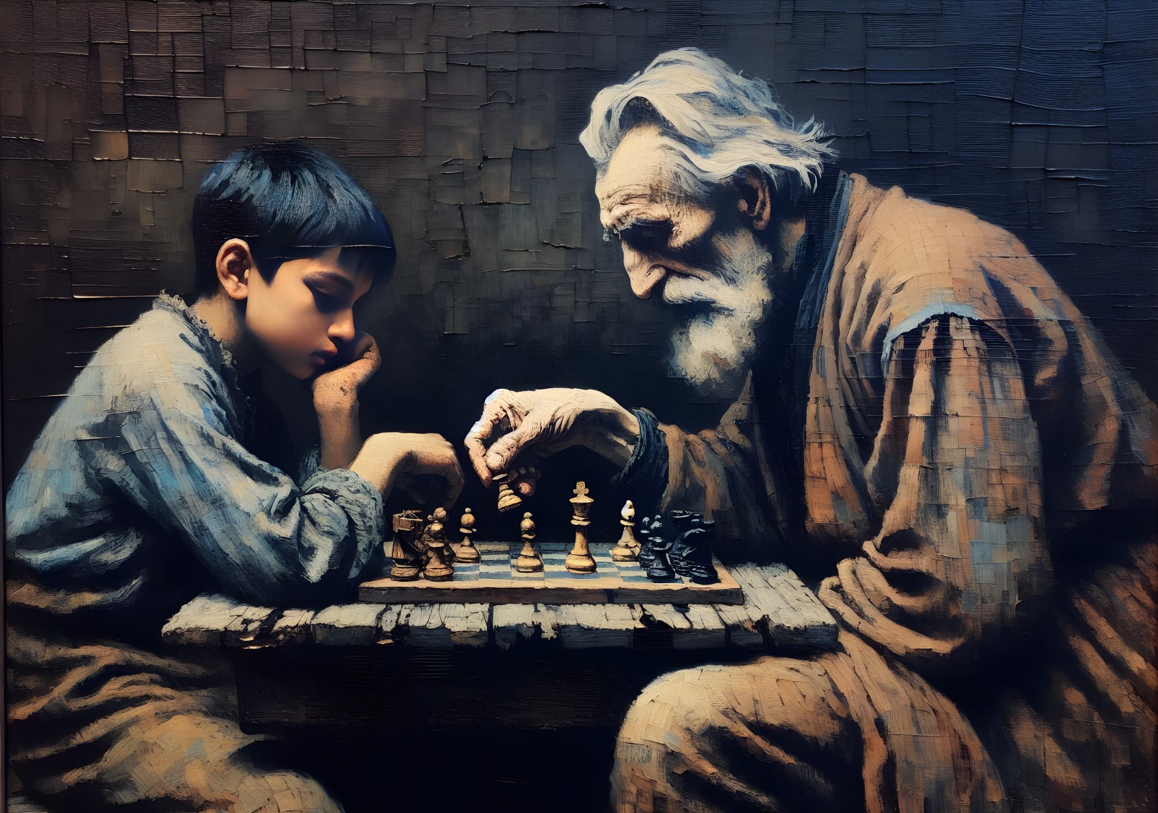 Elderly Man and Young Boy Playing Chess in Dim Light