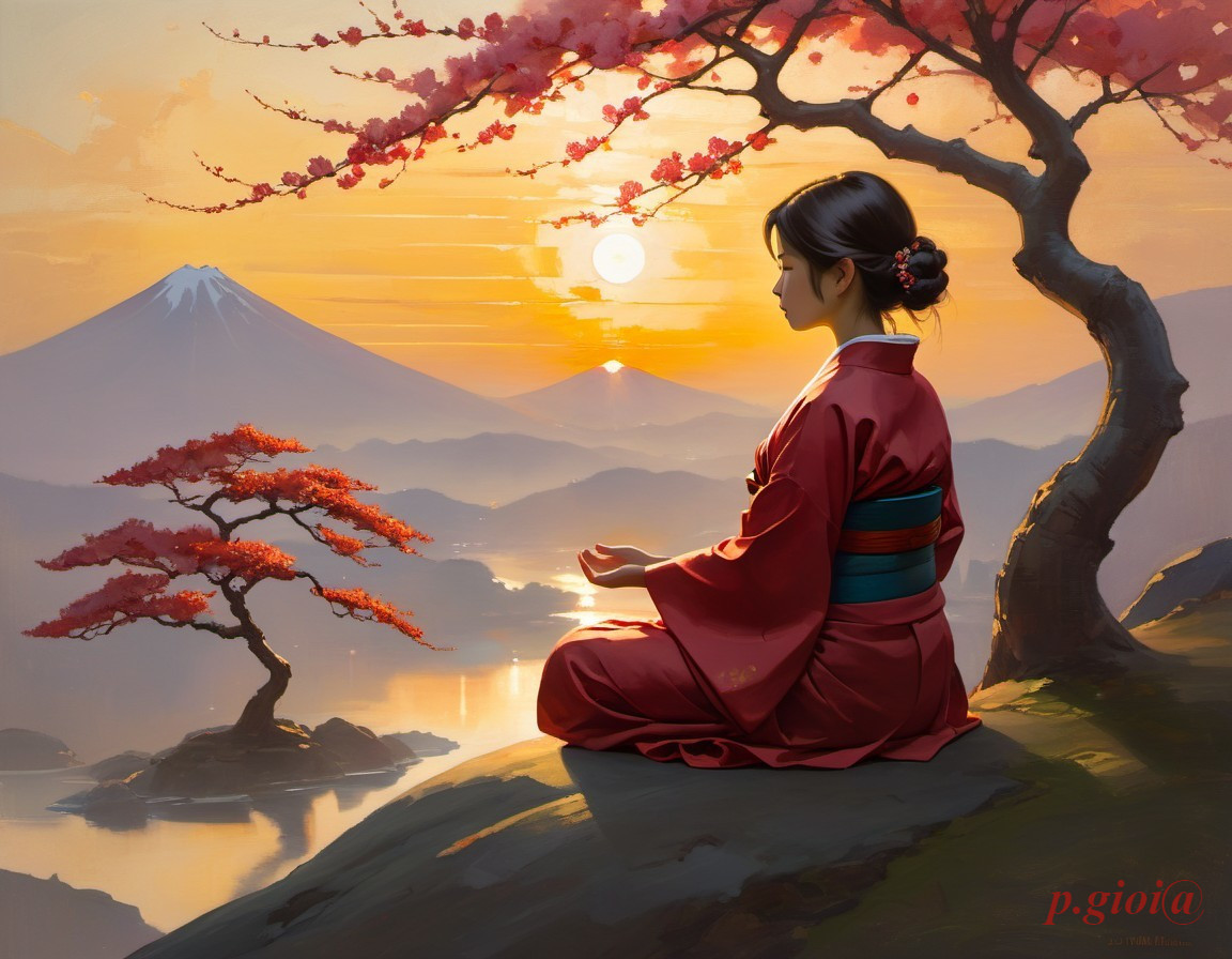 Woman in red kimono meditating by tranquil lake at sunset