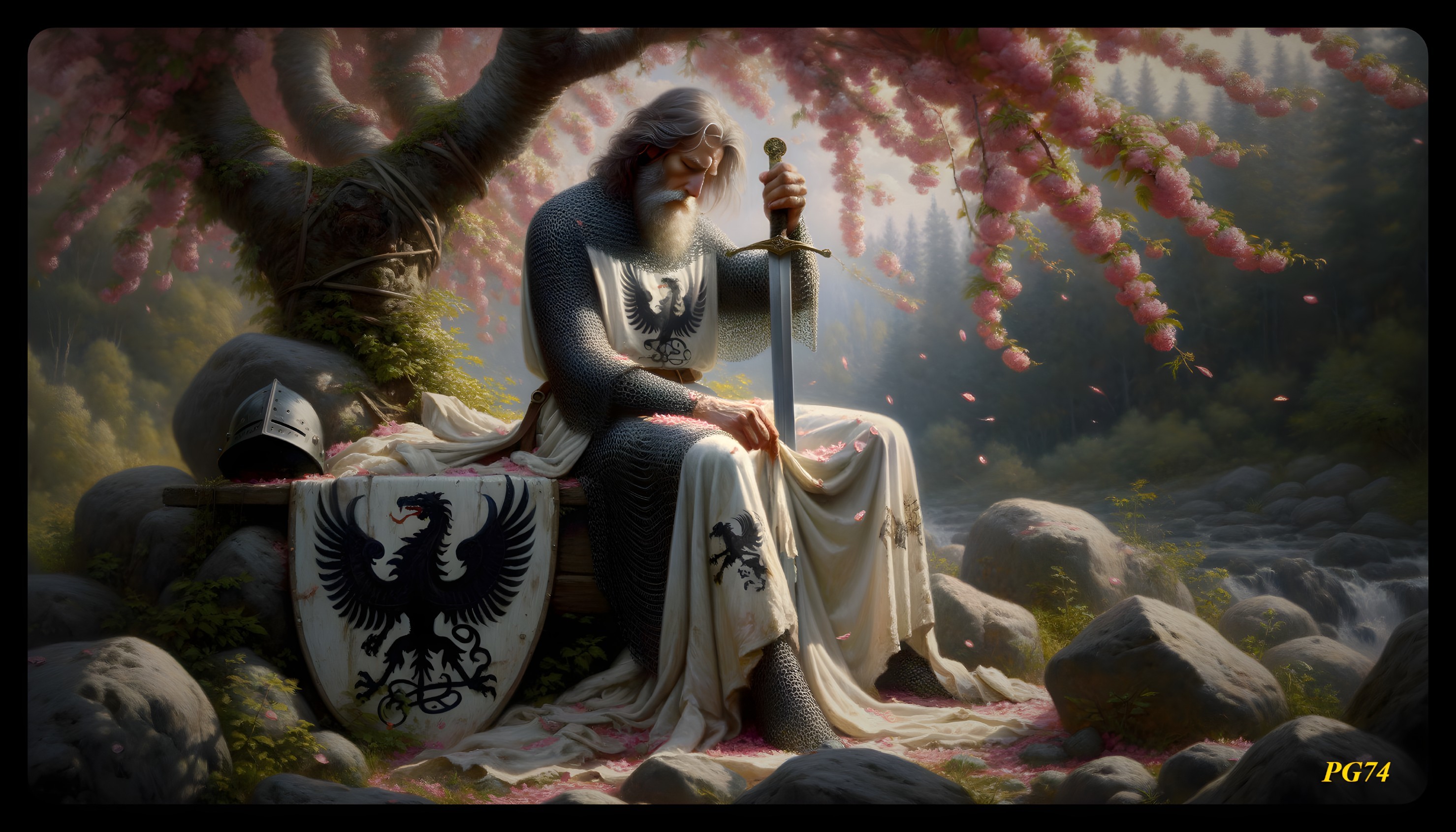 Noble Knight Reflects Under Blossoming Tree