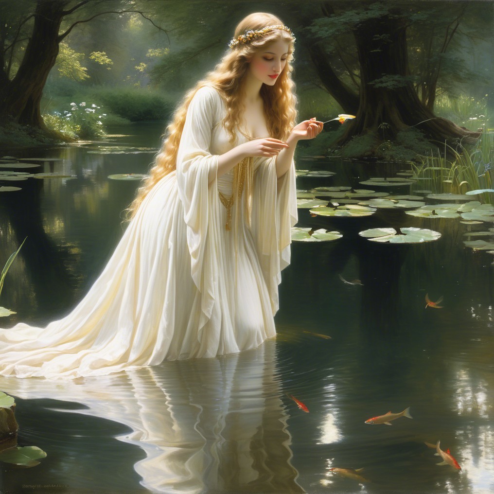 Young Woman in White Gown by Tranquil Pond