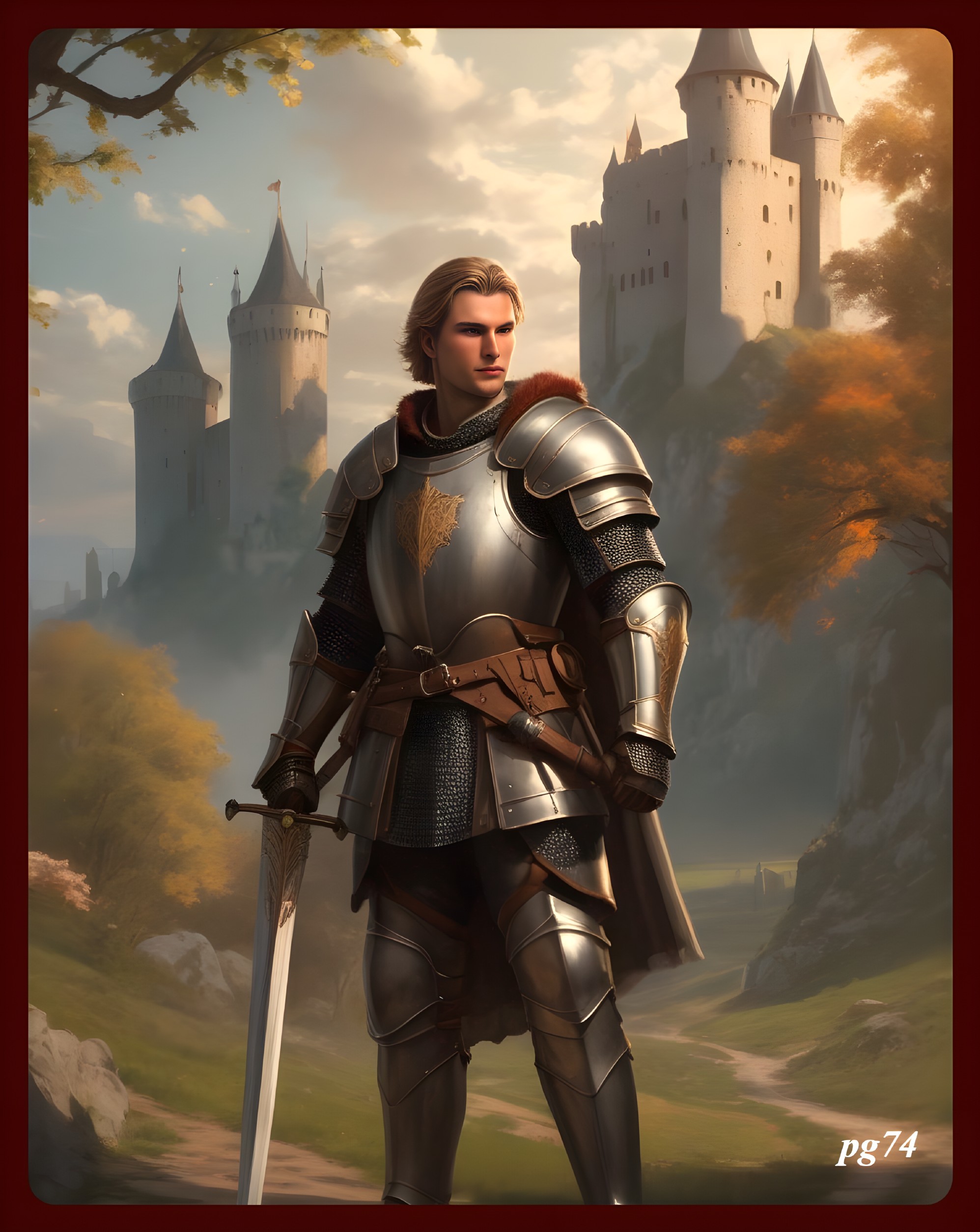 Knight in Armor with Castle and Autumn Landscape