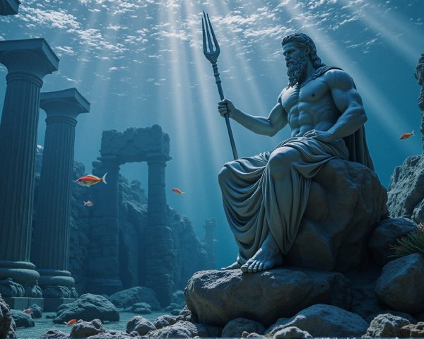 Underwater Scene with Colossal Statue and Marine Life