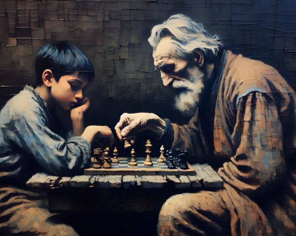 Elderly Man and Young Boy Playing Chess in Dim Light