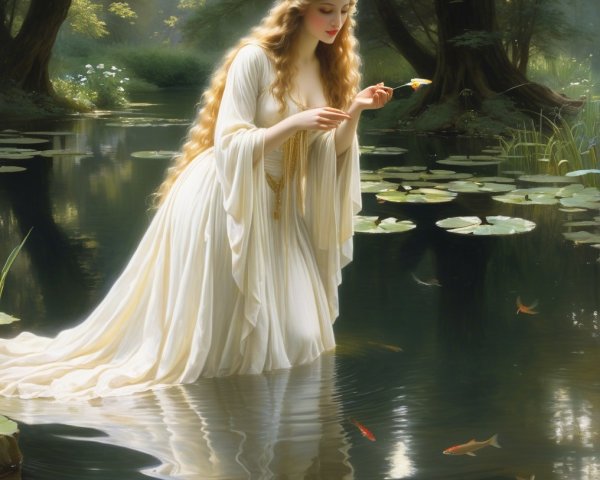 Young Woman in White Gown by Tranquil Pond