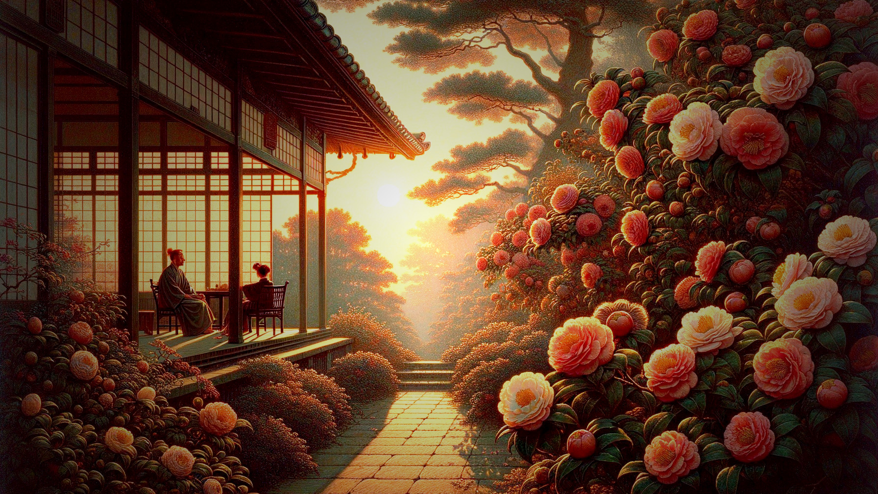 Serene Japanese Garden with Camellia Flowers and Figures