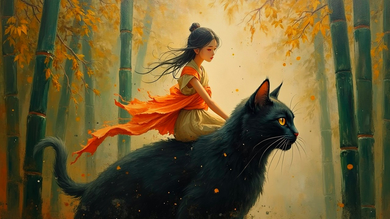 Young girl on black cat in magical autumn forest