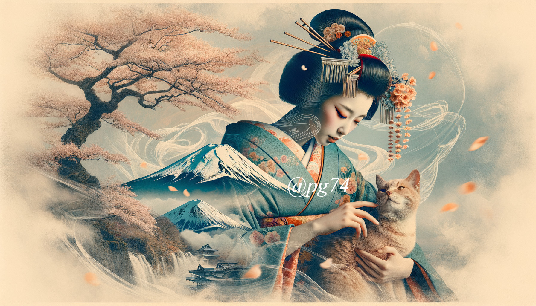 Traditional Japanese Woman in Kimono with Cat
