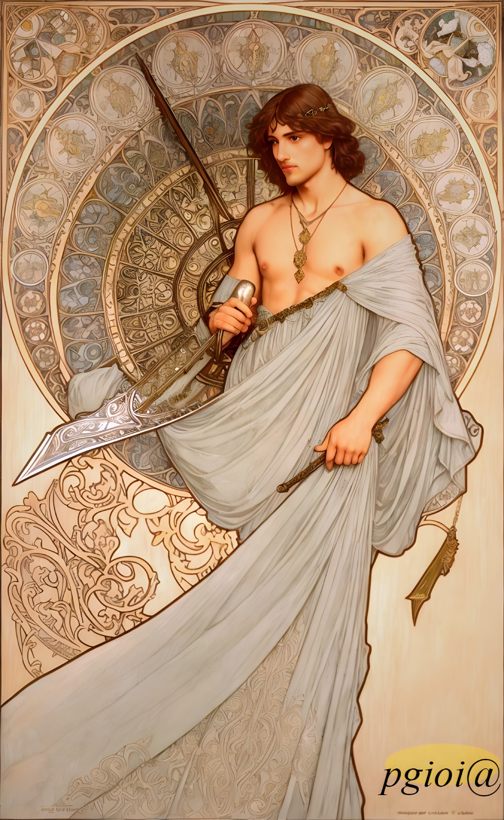 Muscular Young Man in Flowing Garment with Weapons