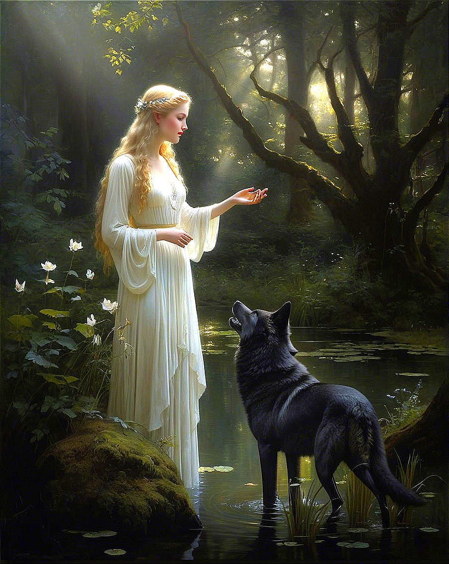 Fair-haired woman and black wolf by tranquil pond